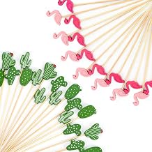 Cocktail Picks, Decorative 200 Pack, 4.7-Inch Bamboo Skewers with Fun Cactus & Flamingo Toppers for Party Appetizers, Fruits, Drinks Cactus+Flamingo