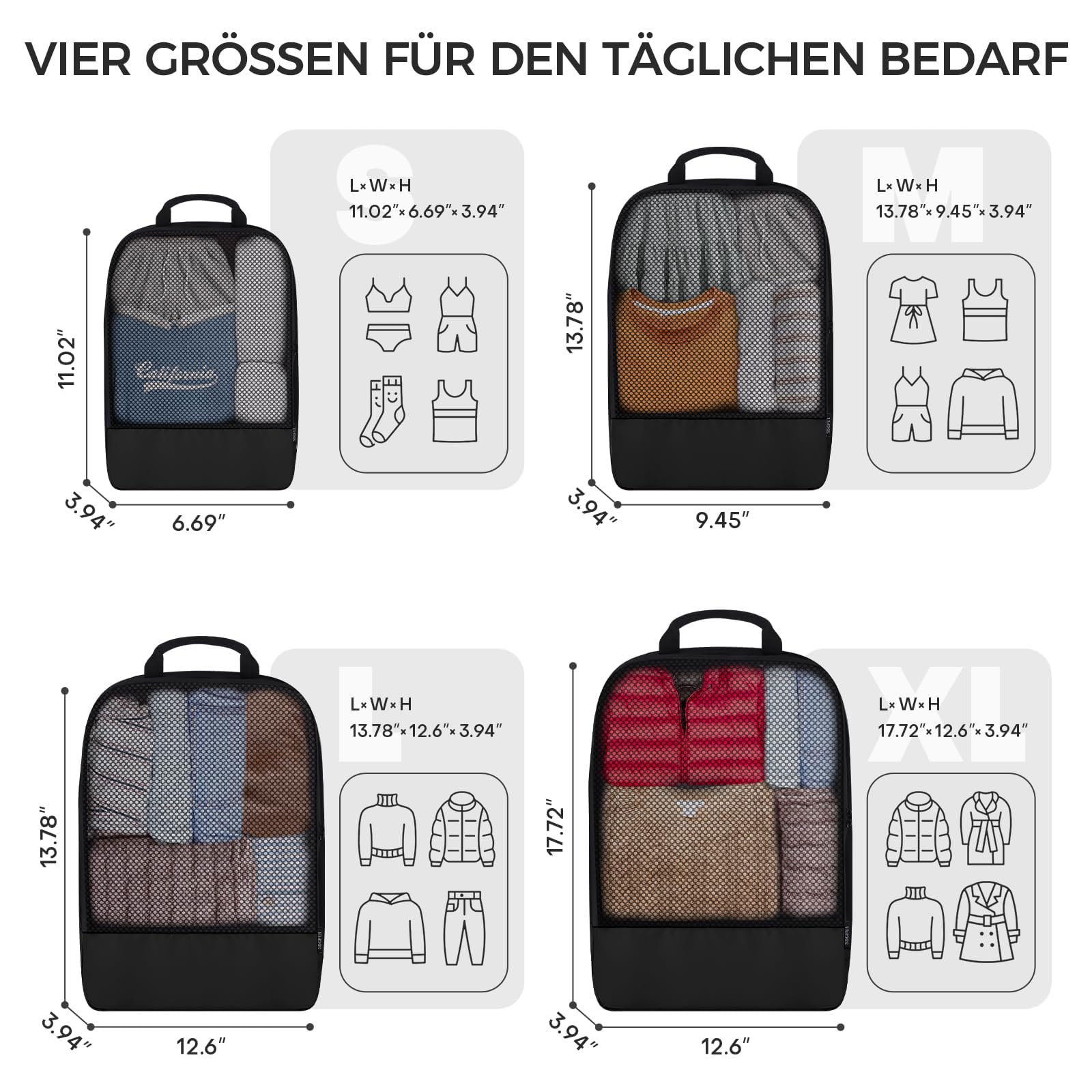 BAGLHER Packwürfel Kompression für die Reise - Extrem platzsparender Koffer-Organizer-Set, wasserdichte Packtaschen, Schwarz