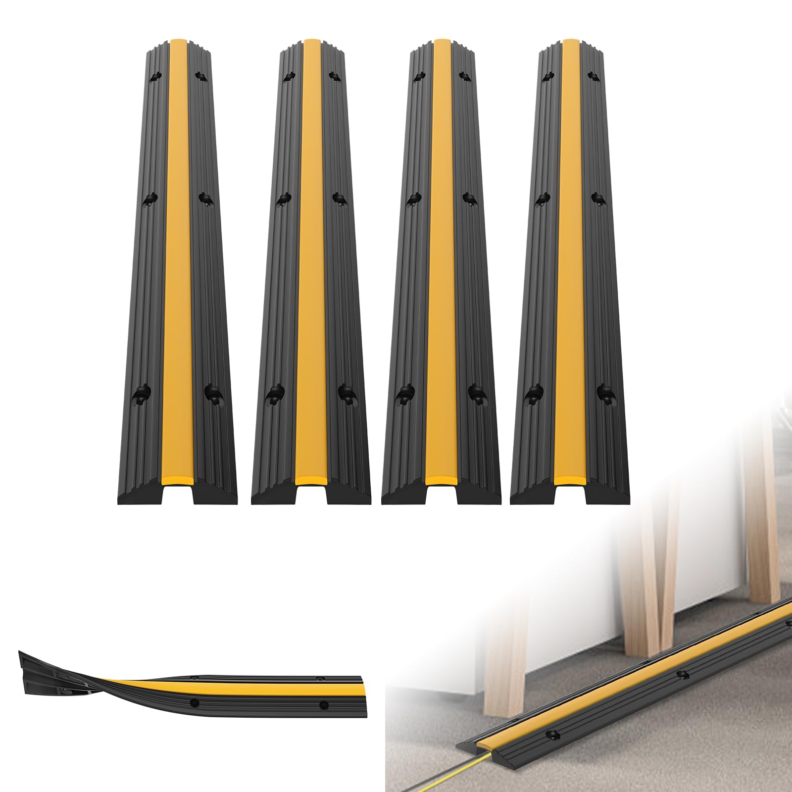 UISEBRT Lot de 4 passerelles de câbles en caoutchouc, 1 canal, 100 x 15 x 3 cm, protection contre les débordements jusqu'à 8 tonnes, tapis de protection de câbles, protection contre les trébuchements