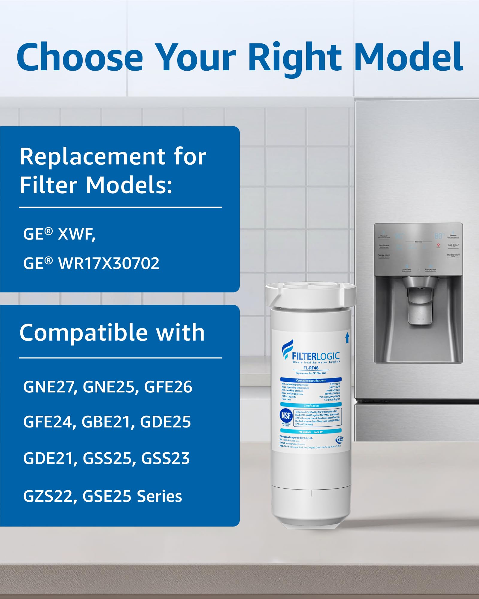 Pureline Ricambio per filtro dell'acqua del frigorifero GE XWF, (non XWFE), sostituisce i modelli di frigoriferi che iniziano con GBE21, GDE21, GDE25, GFE24, GFE26, GNE20, confezione da 3