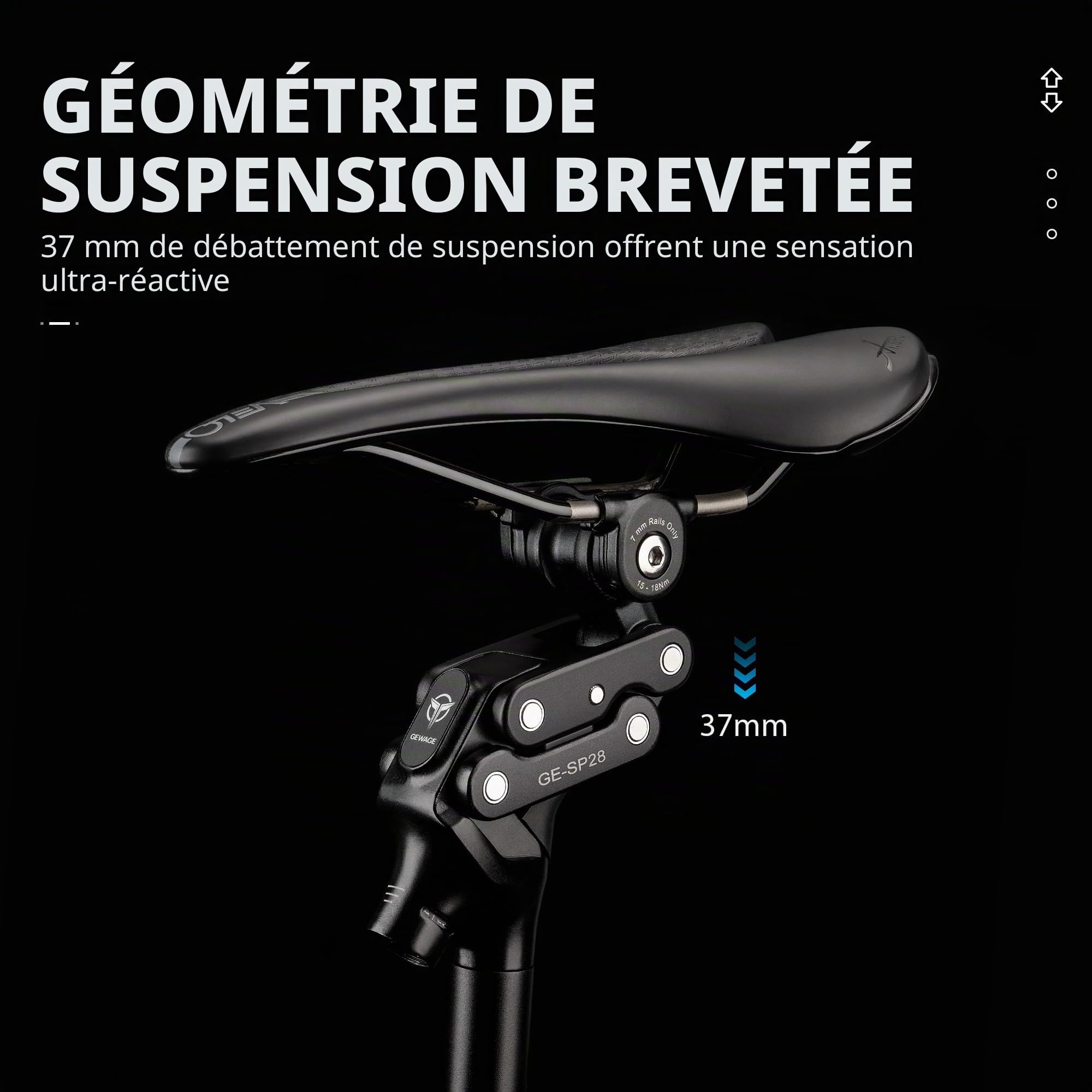 GEWAGE Tige de Selle à parallélogramme 4 Bras – Tige de Selle Suspendue Premium, débattement 37 mm, Design Ergonomique, Aluminium, sans Entretien, idéale pour VTT / E-Bike / Ville