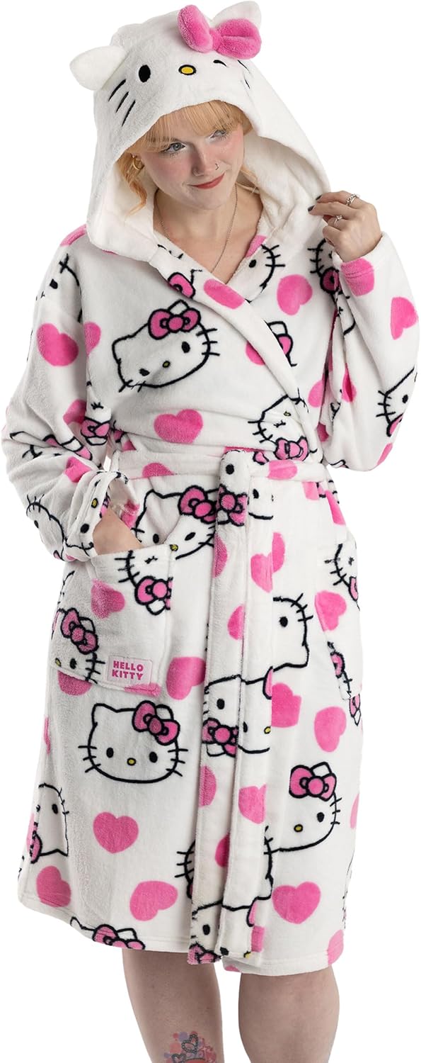 Hello Kitty Womens White Hooded Bathrobe | Cosy Fleece Loungewear with Pink Accents & Long Sleeves | Cartoon Character Design | Perfect for Relaxing Days Merch - XX-Large