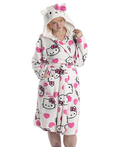 Hello Kitty Womens White Hooded Bathrobe | Cosy Fleece Loungewear with Pink Accents & Long Sleeves | Cartoon Character Design | Perfect for Relaxing Days Merch - Large