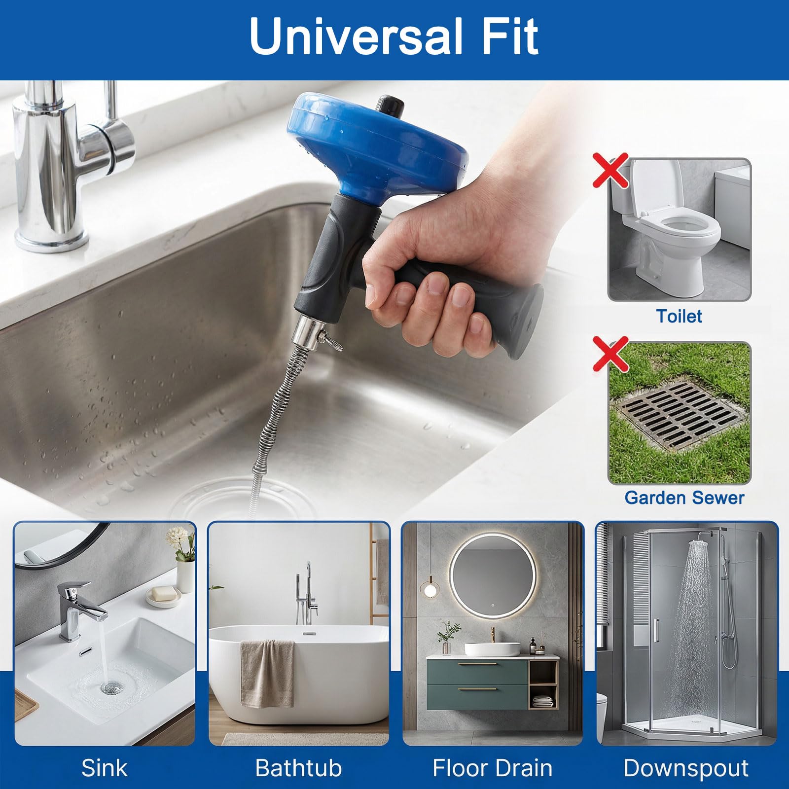 Barrena de drenaje de 33 pies, barrena de fontanería para obstrucciones, depilación en fregadero, bañera, inodoro, tubo extralargo con 1 herramienta de depilación, 2 cepillos de limpieza y 2