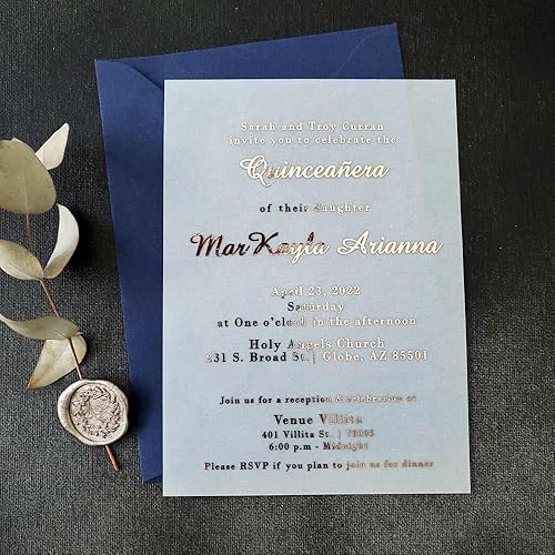 Miniatura 6 de Quinceanera Invitations with Foiled Print, Vellum Quinceanera Invites, Customizable Gold Foiled Invitations, Mis Quince Invites (5" x 7", Rose Gold