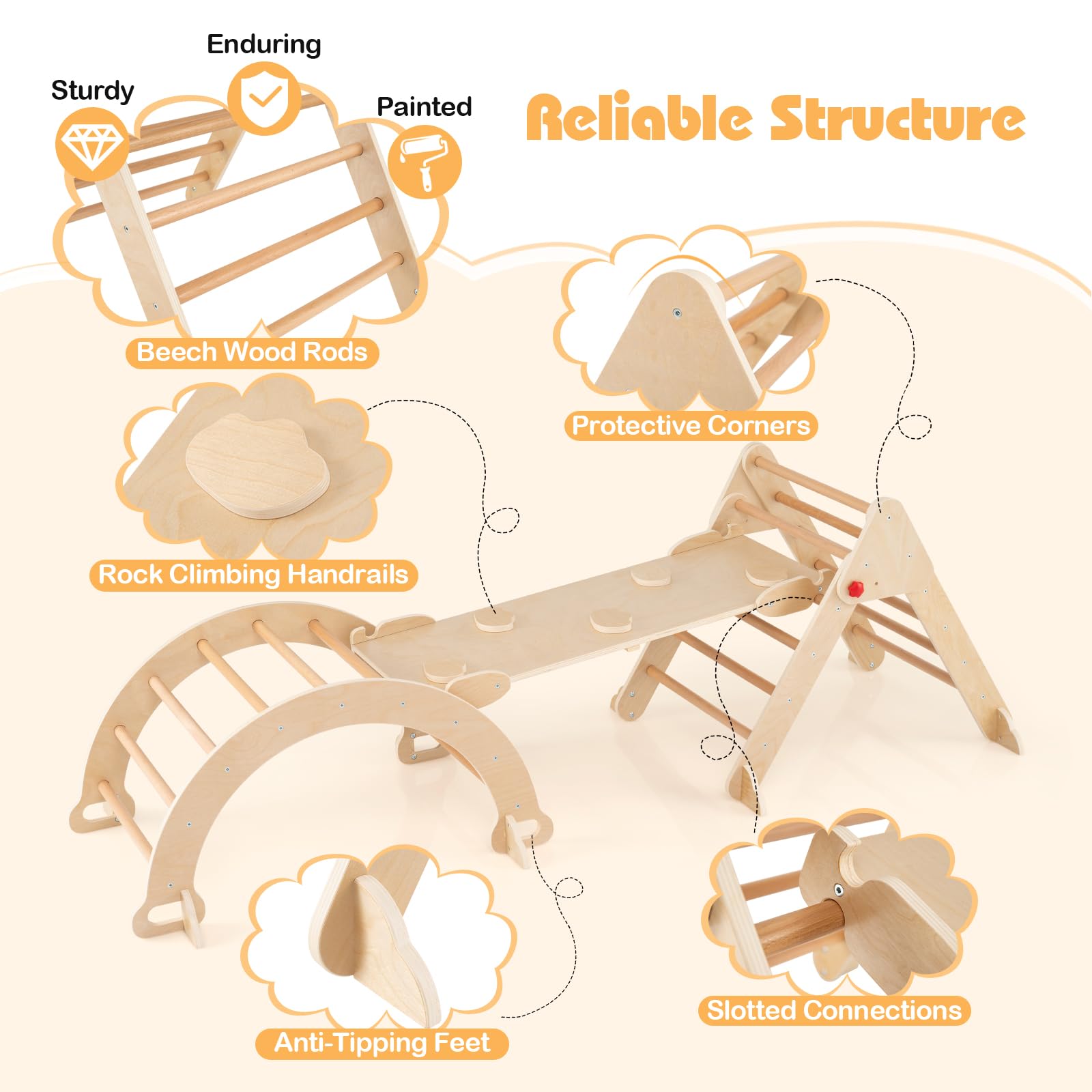 FANTASK Triangolo da arrampicata 4 in 1 con scivolo, arco da arrampicata, rampa a doppia faccia, struttura in legno per arrampicata, scivolo e altalena, montessori triangolo per i 3 anni (naturale)