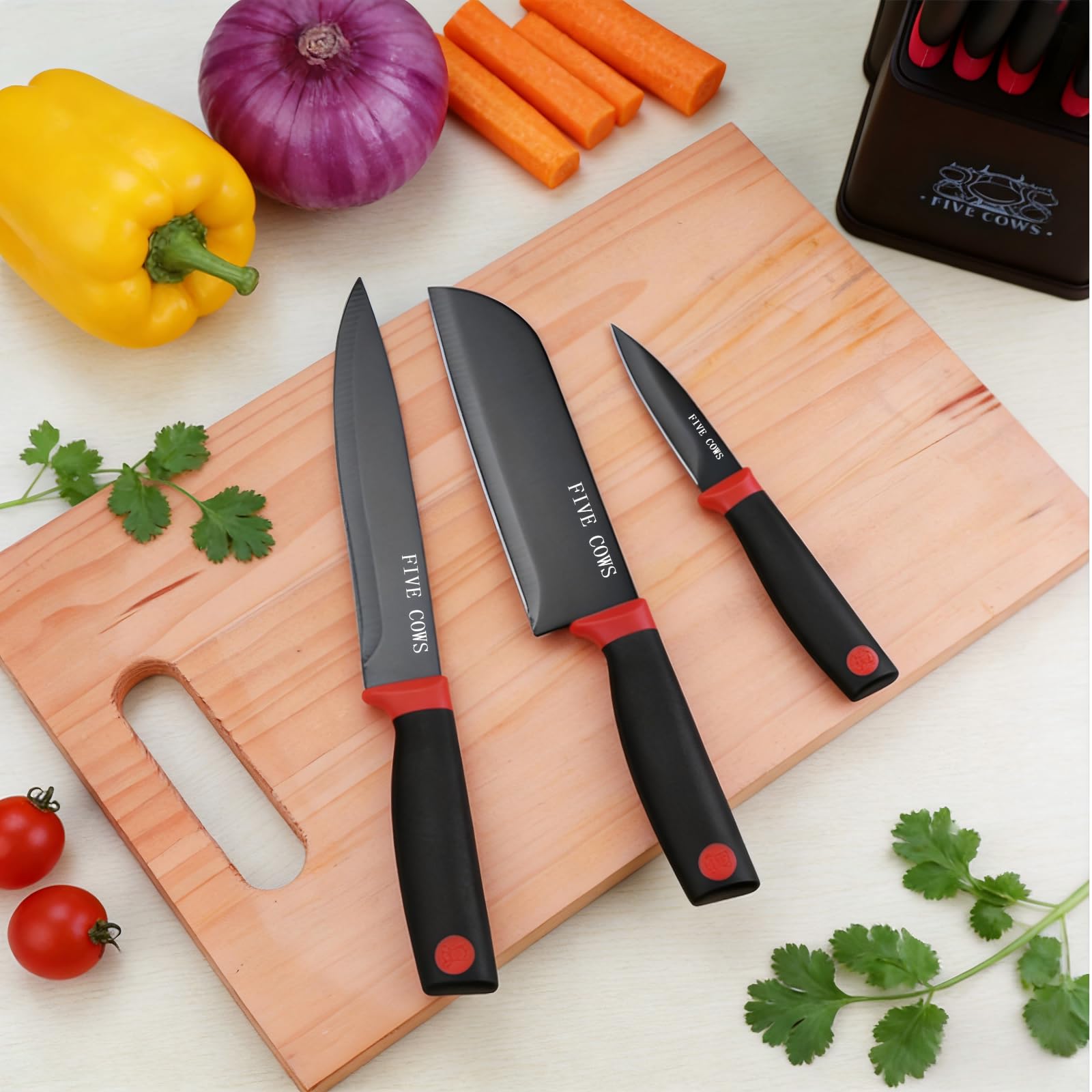 Couteau Cuisine, 14 pièces Couteaux de Cuisine avec Bloc, avec Aiguiseur Intégré, Set de Couteaux à Steak, X50CR15, Bloc Couteaux Cuisine avec à Pain, Couteau à Fruits et Ciseaux (Rouge)