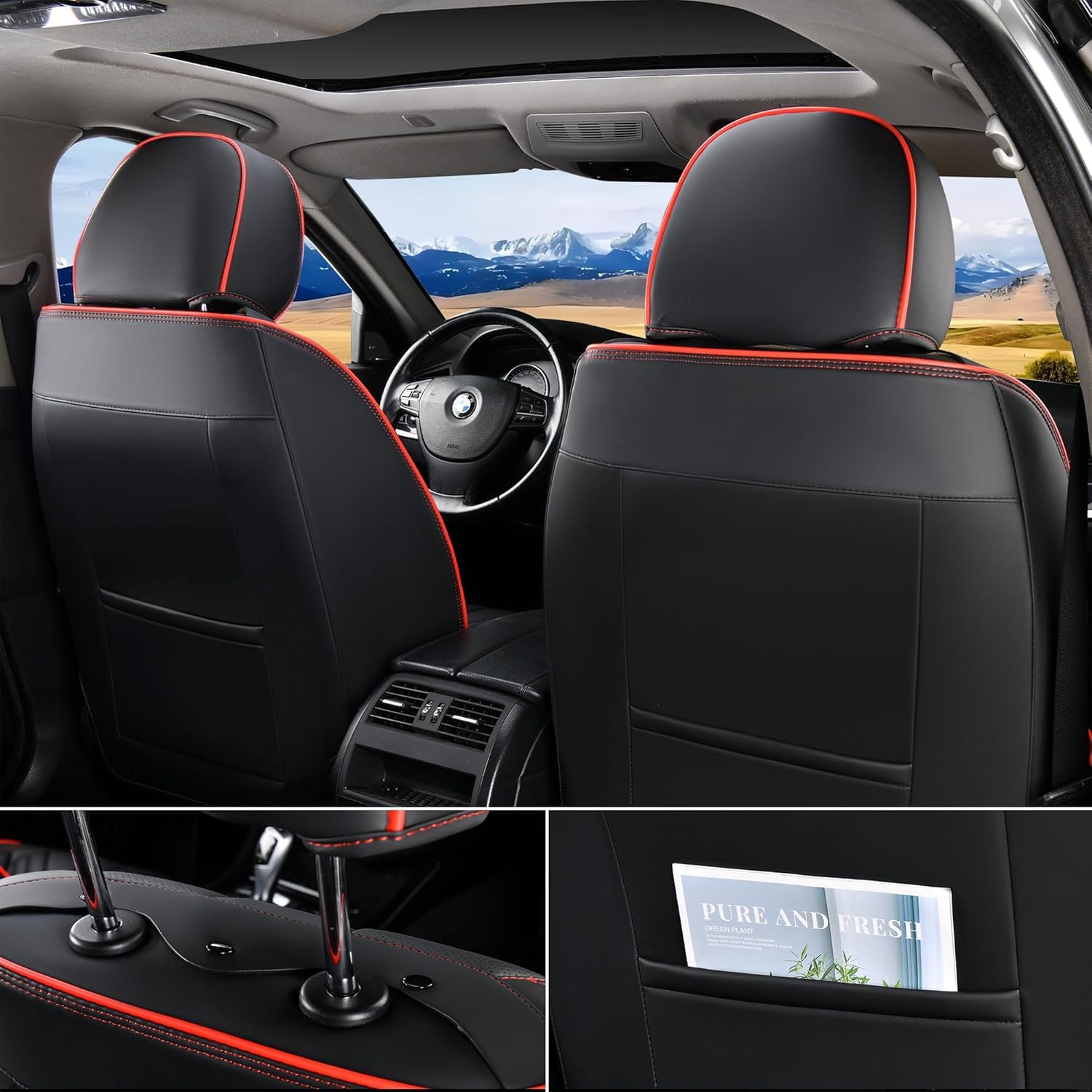 FLORICH Fundas para Asientos de Coche 5 Piezas, Fundas Impermeables Compatibles con el 95% de Los Sedanes, SUV, Camionetas (Juego Completo, Negro&Rojo Línea)