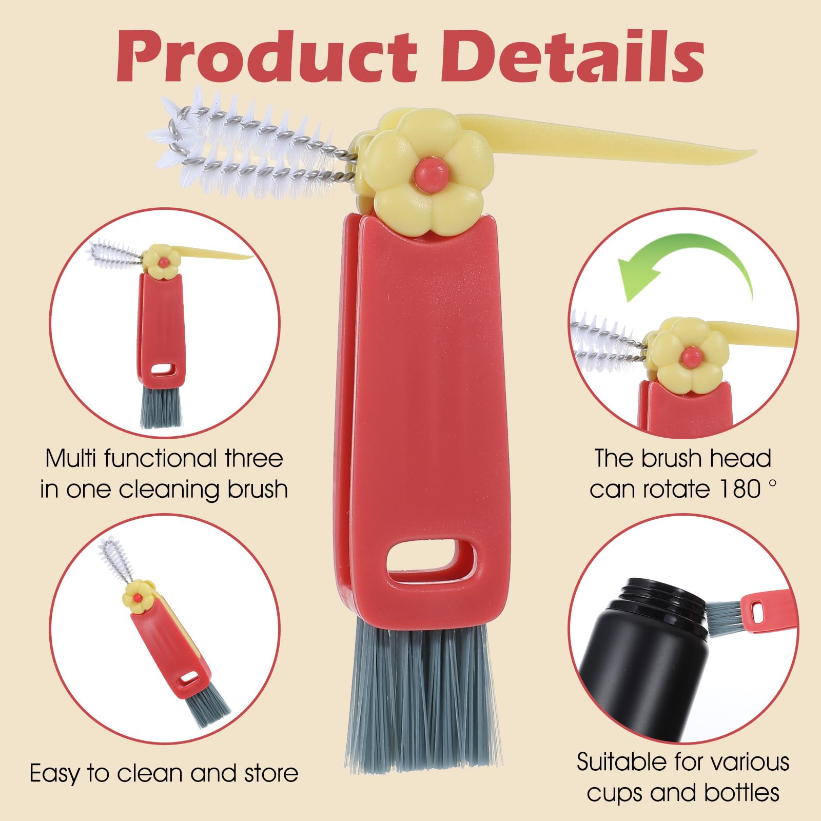 Lnngub 3 In 1 Cup Lid Cleaning Brush,Portable Cup Lid Cleaner 3 In 1 Multifunctional Crevice Cleaning Brush for Cuplid Bottle Gap Tight Spaces,3 Pcs - Image 2