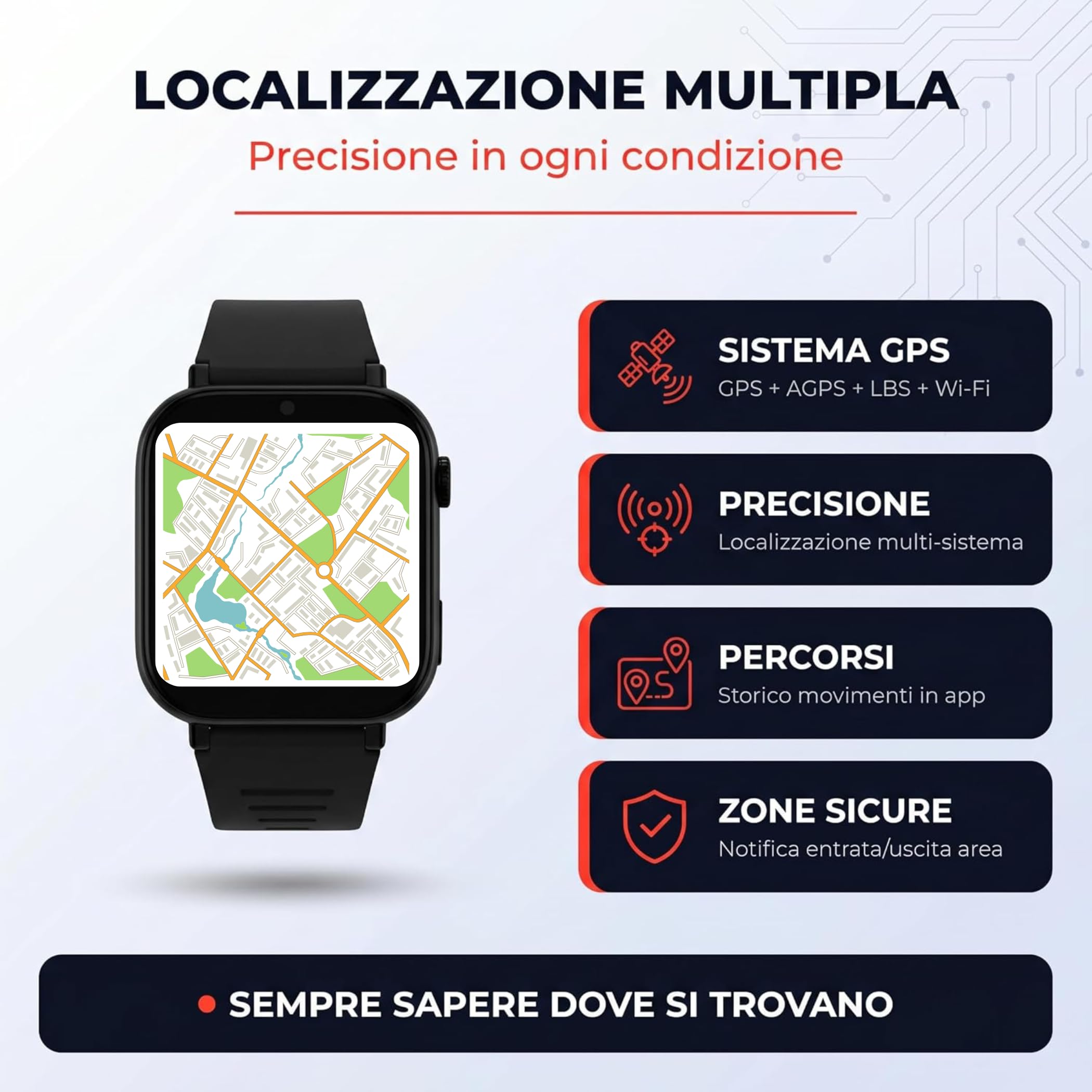 Smartwatch di Sicurezza per Bambini/Anziani con SOS, Videochiamate, Allarme Anticaduta, Monitoraggio Salute e Localizzazione Multipla (GPS + AGPS + LBS + WiFi) – (WatchOne SOS)