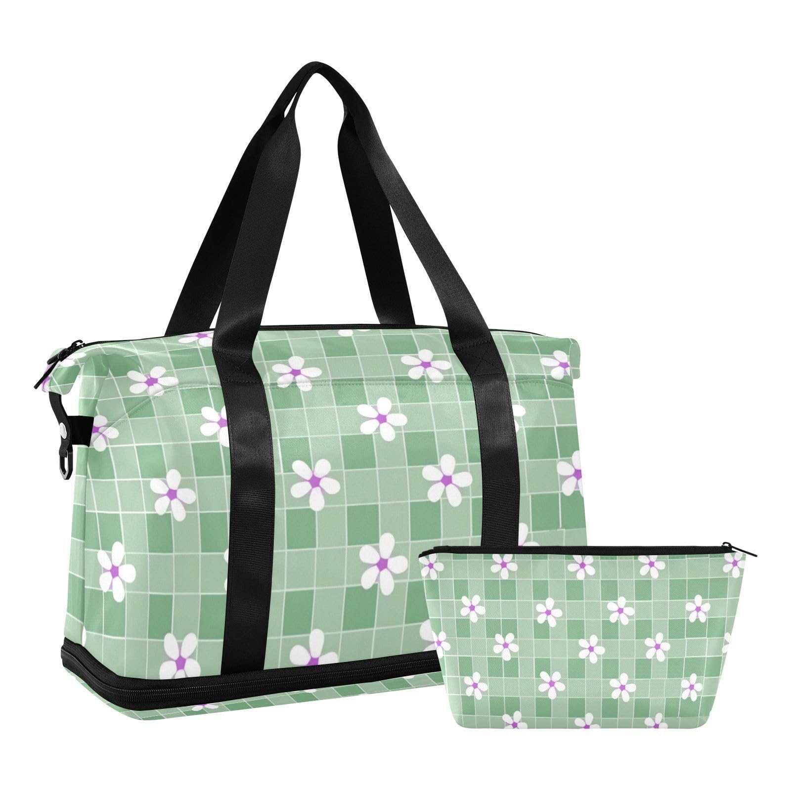 Buffalo Plaid Kariert Blume Grün Große Reisetasche mit Nassfach Verstellbarer Riemen Gym Tote Bag für Yoga Faltbar für Männer Frauen