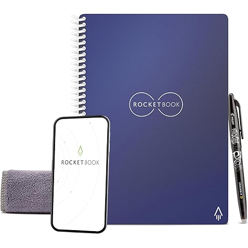 Rocketbook Core Reusable Spiral Notebook, Executive Size 6x8.8, Navy Blue - Dotted Pages, App-Connected, Erasable, Durable Cover, Ideal for School, Work, and Creative Projects