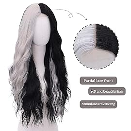 WECAN Black and White Wig-Long White and Black Wigs for Women Natural Wavy Synthetic Wig Heat Resistant Fiber Wigs for Daily Party Halloween Cosplay