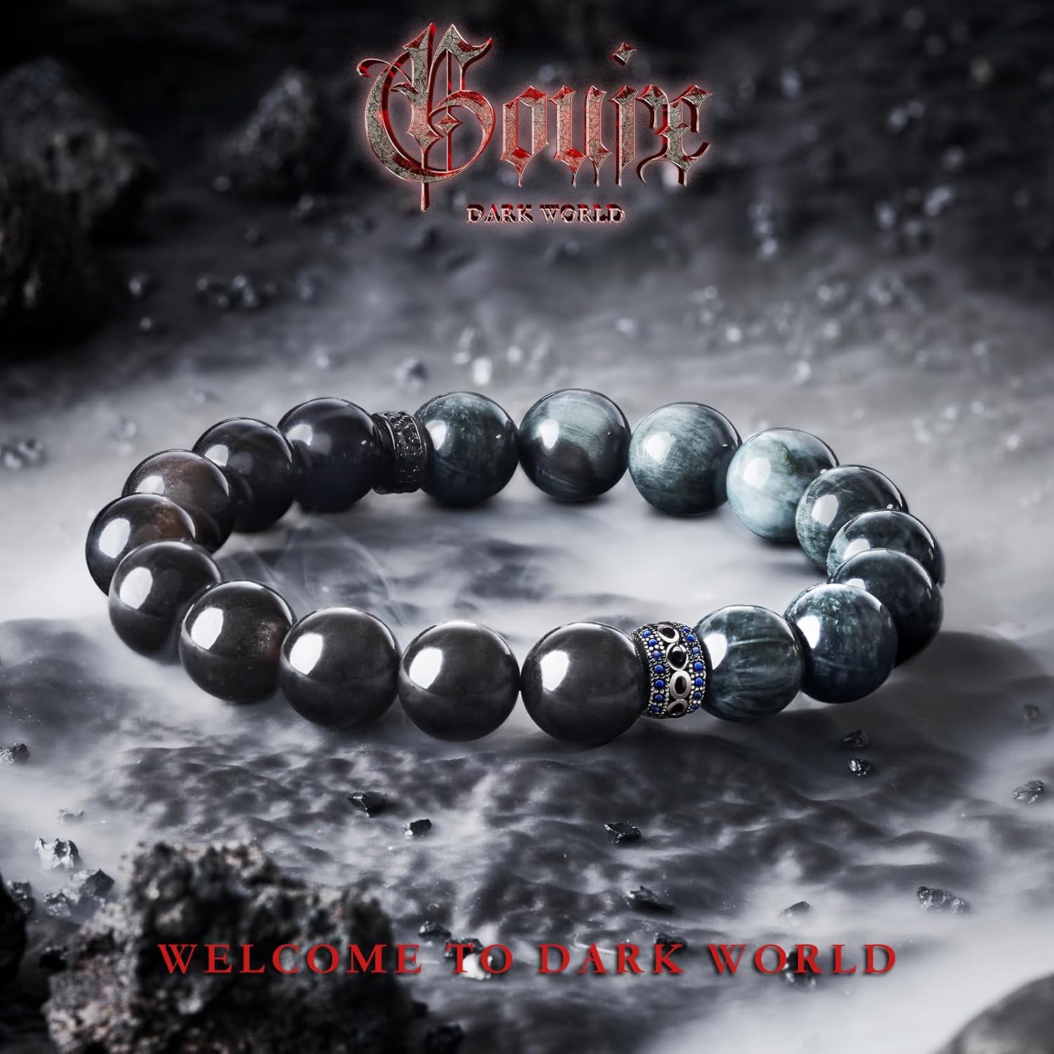 Natural Gemstone Bracelet, Obsidian Silvery and Hawkeye Stone for Protection & Balance, 12mm Handmade Round Beads Stretch for Men Bring Luck Prosperity