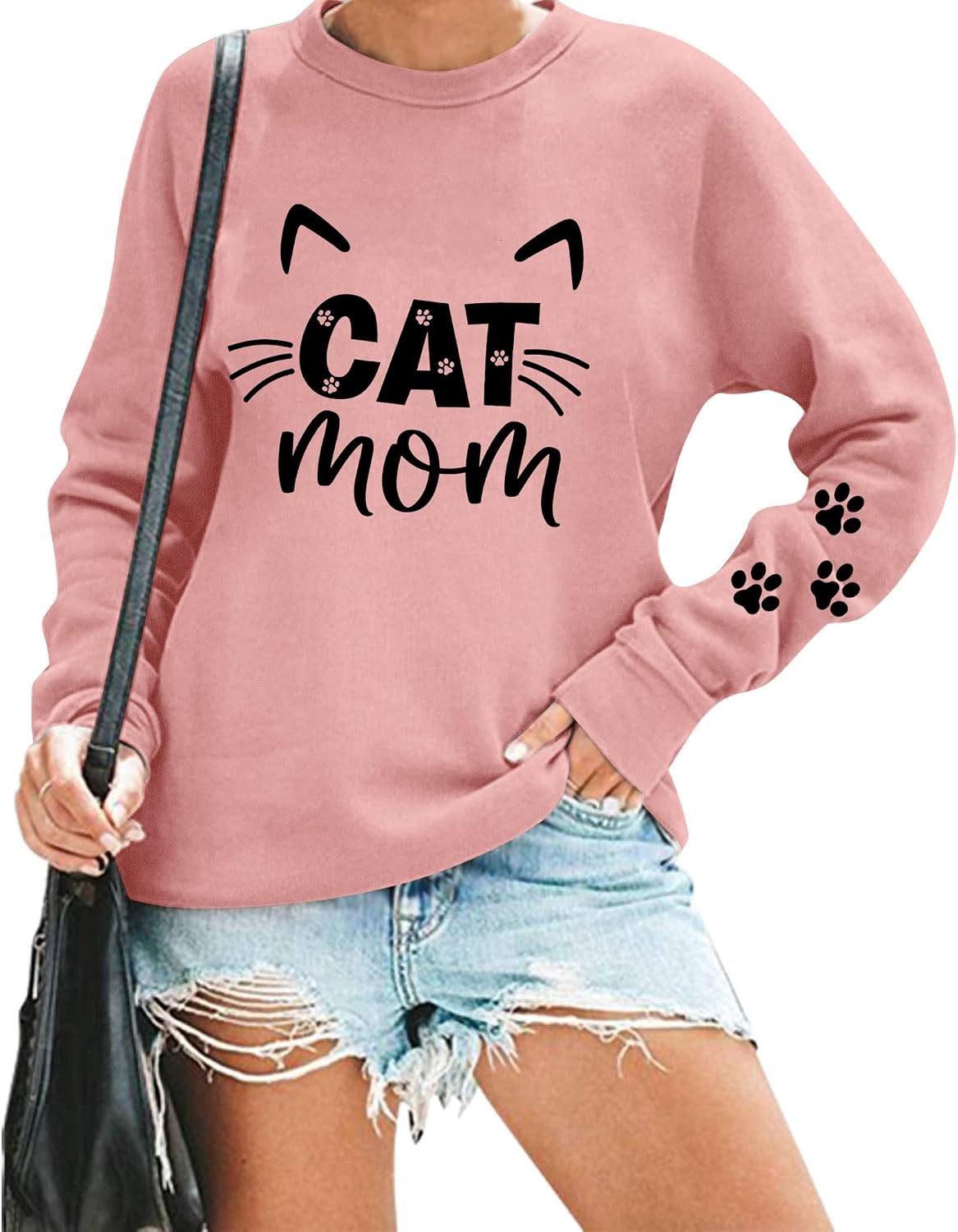 Cat Mom Sweatshirt for Women Cute Cat Mama Life Pullover Paw Pet Lover Long Sleeve Shirt Crewneck Tops