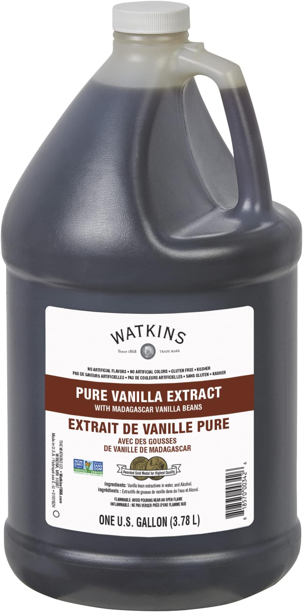 Watkins Pure Vanilla Extract, with Madagascar Vanilla Beans, Non-GMO, Kosher, 1 Gallon Bottle, 1-Pack