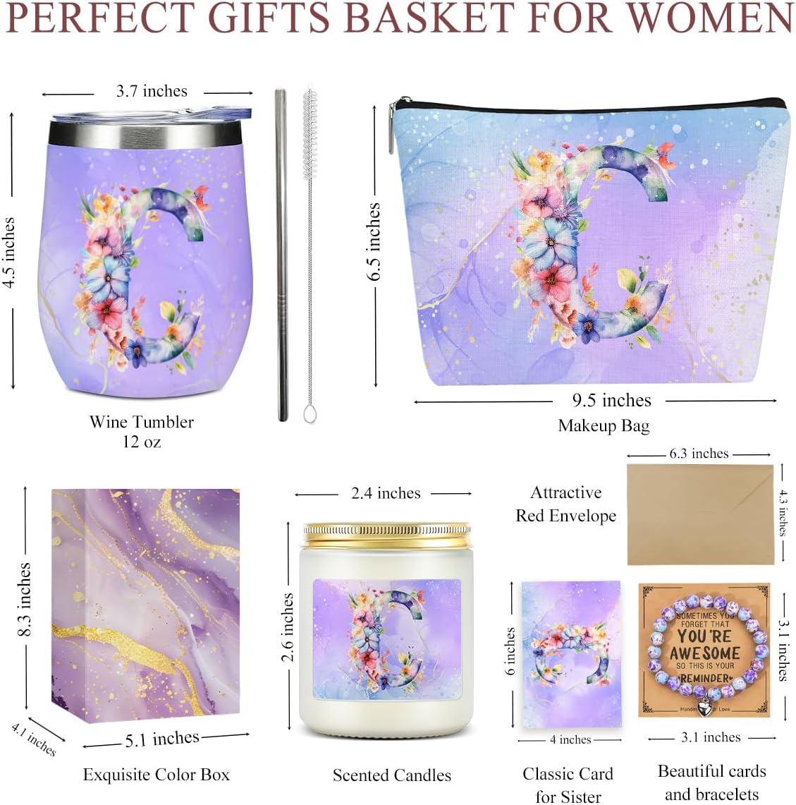 Personalized Gifts Monogrammed Birthday Gifts for Women, Cowerker Bride Wife Sister Wedding Christmas Initial Wine Tumbler Makeup Bag Scented Candle Bracelet Set, (Aesthetic Purple Flower C) - Image 2