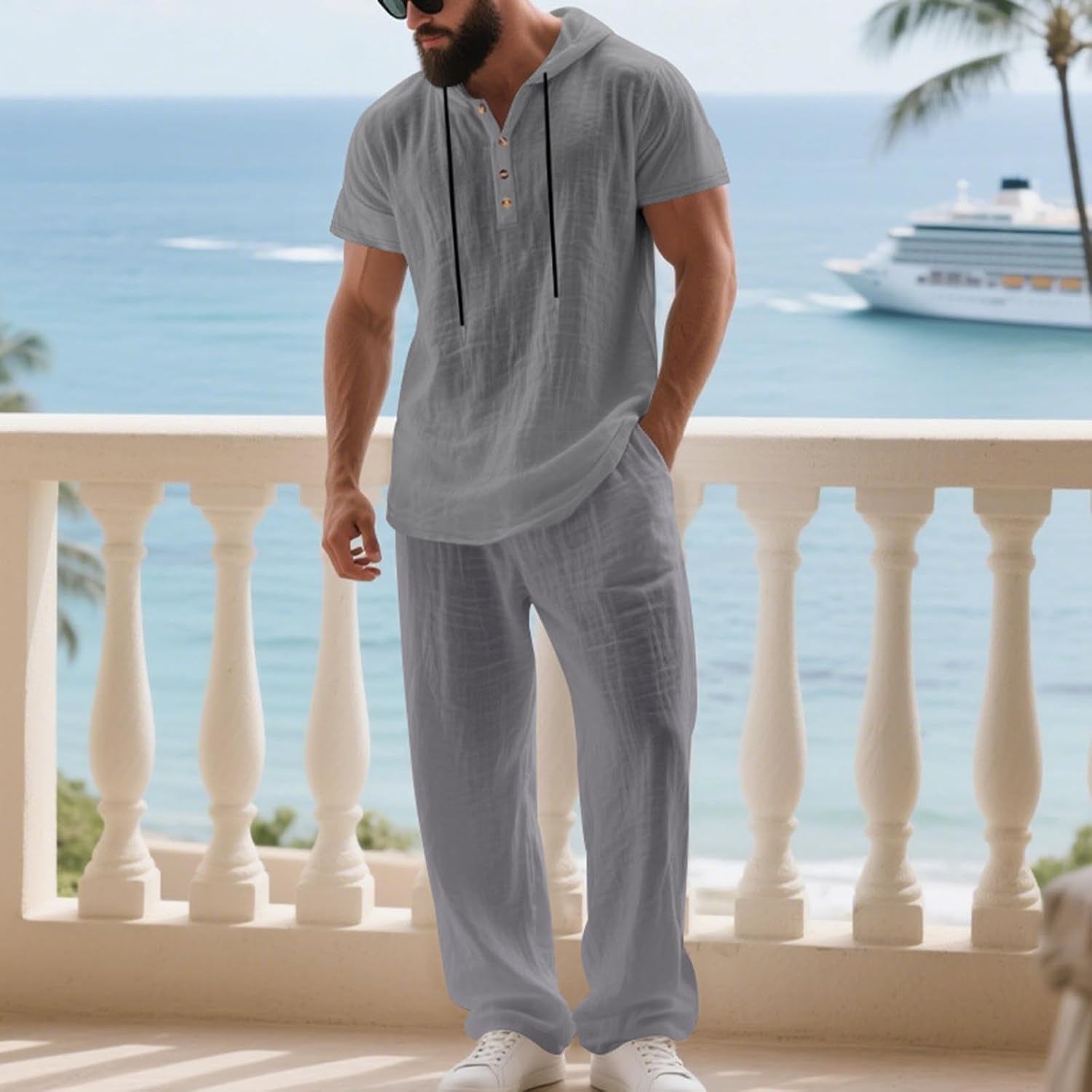 Cambkatl Men's Cotton Linen 2 Piece Outfits Lightweight Pullover Loose Button Up Short Sleeve Hoodie Beach Pants Lounge Sets