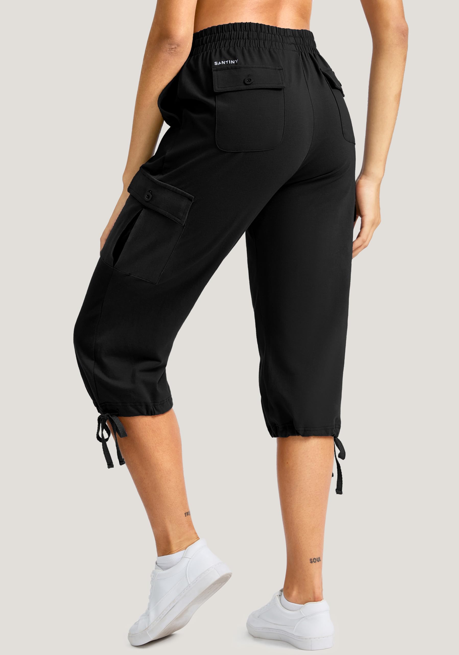 SANTINY Womens Cotton Cargo Capris Soft Stretch Drawstring Travel Casual Capri Pants for Women with 6 Pockets(Black_XL)
