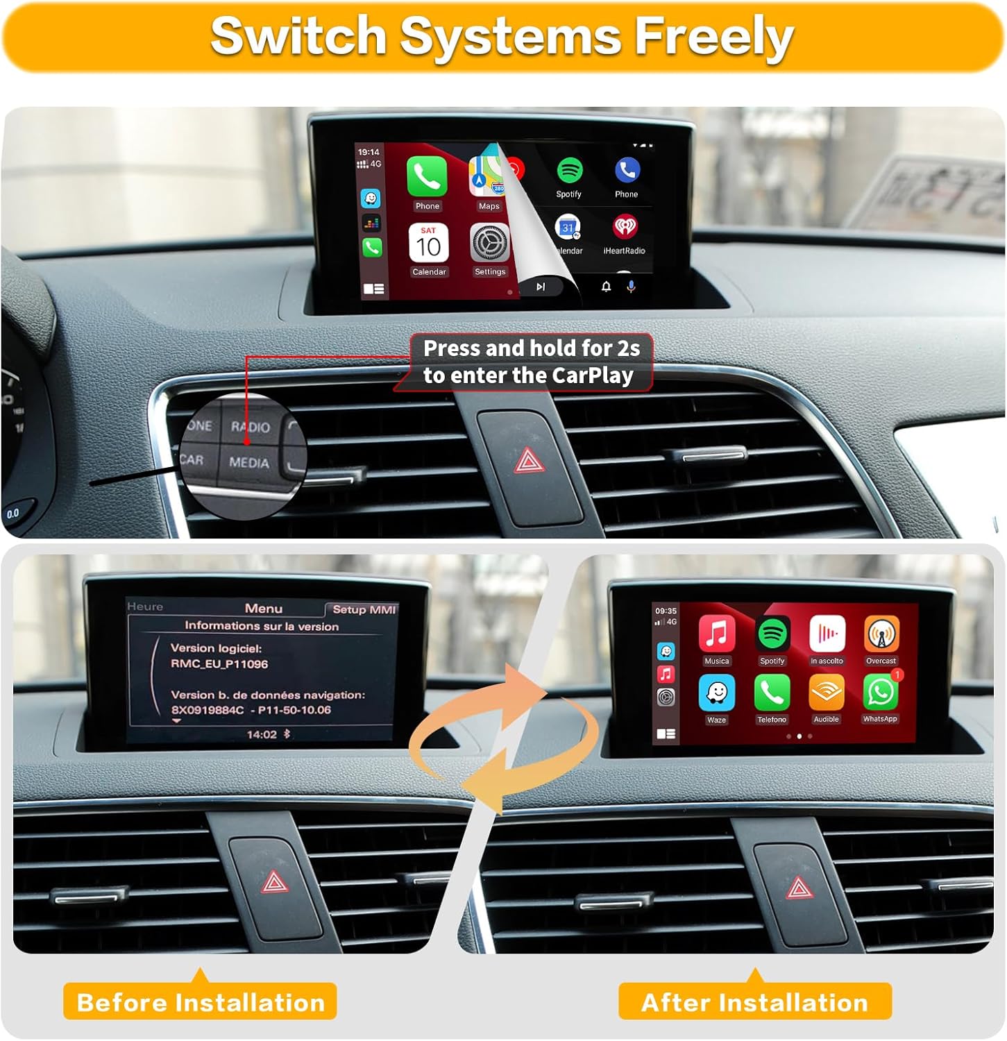 Before and after installation comparison, showing the original MMI menu and the new CarPlay interface
