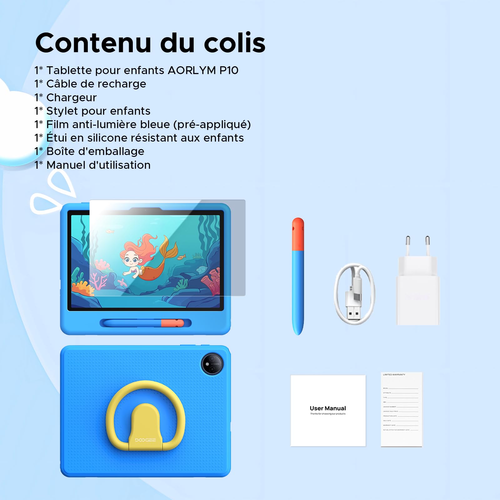 Tablette pour Enfants P10 Android 16, 10 Pouces, Gemini AI, 90 Hz, 32Go RAM + 64Go ROM, 7000 mAh/Wi-FI 5/OTG/Face ID, livrée avec étui de Protection et Stylet