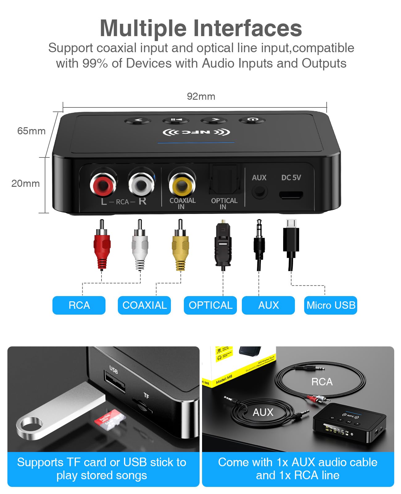 Trasmettitore Bluetooth, Adattatore Ricevitore Trasmettitore Bluetooth 5.0 3 in 1, Trasmettitore FM con Cavo RCA/AUX, Adattatore Audio Wireless per Sistema Stereo/TV/PC/Cuffie/Altoparlanti