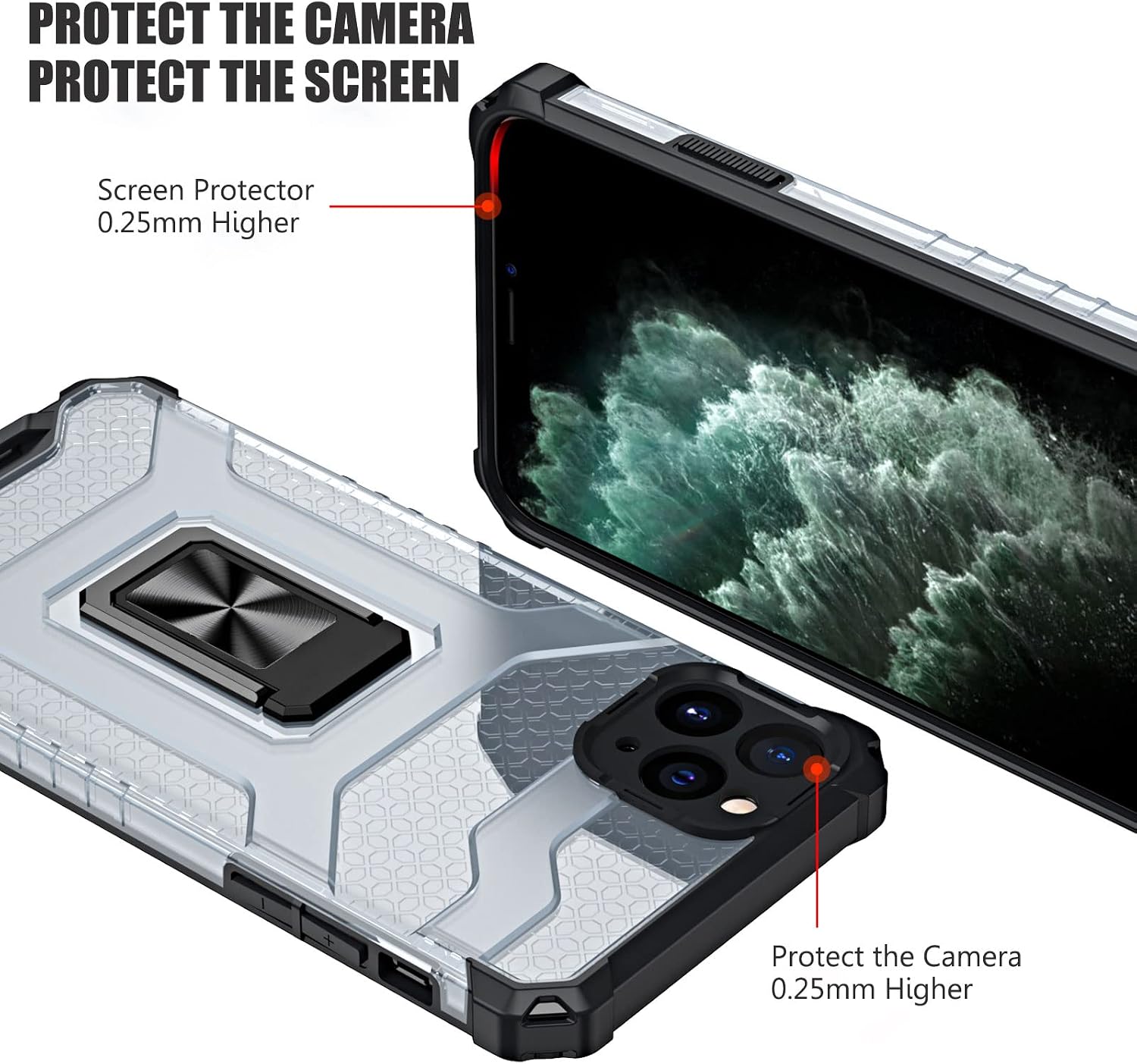 MOVOYEE Case for iPhone 11 Pro Max Case Clear with Design Stand Ring Holder Magnetic for Women Men, Protective iPhone 11 Pro Max Phone Case iPhone 11 Pro Max Clear Case Silicone Hard Back Cover,Black
