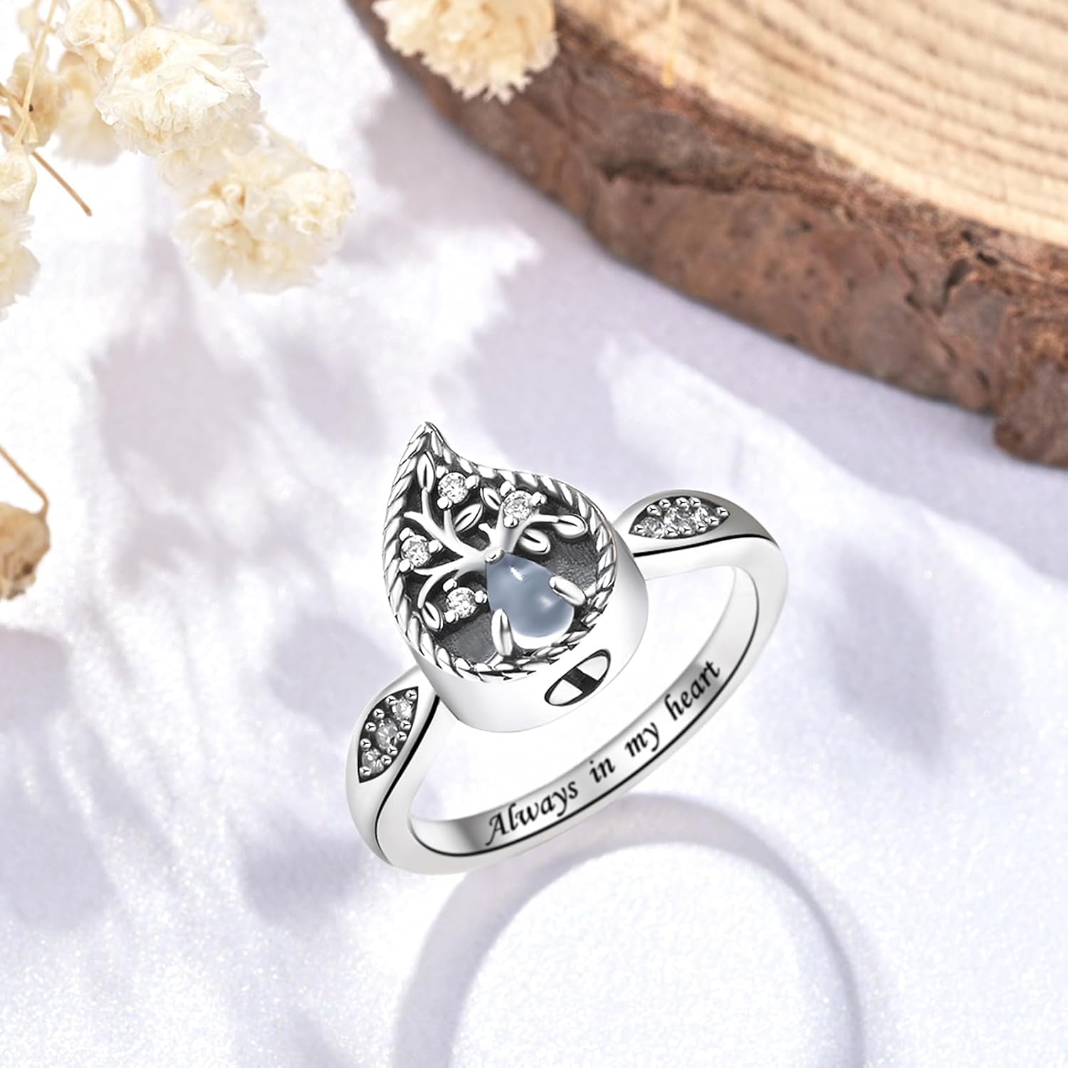 Tree of Life Cremation Ring for Ashes：925 Sterling Sliver Natural Moonstone Urn Keepsake Rings Memorial Jewelry for Women