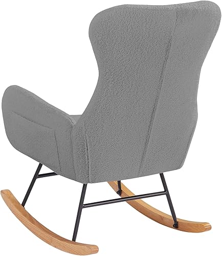 Miniatura 7 de Silla mecedora moderna con acento tapizado, con respaldo alto y reposabrazos para sala de estar (tela de peluche gris)