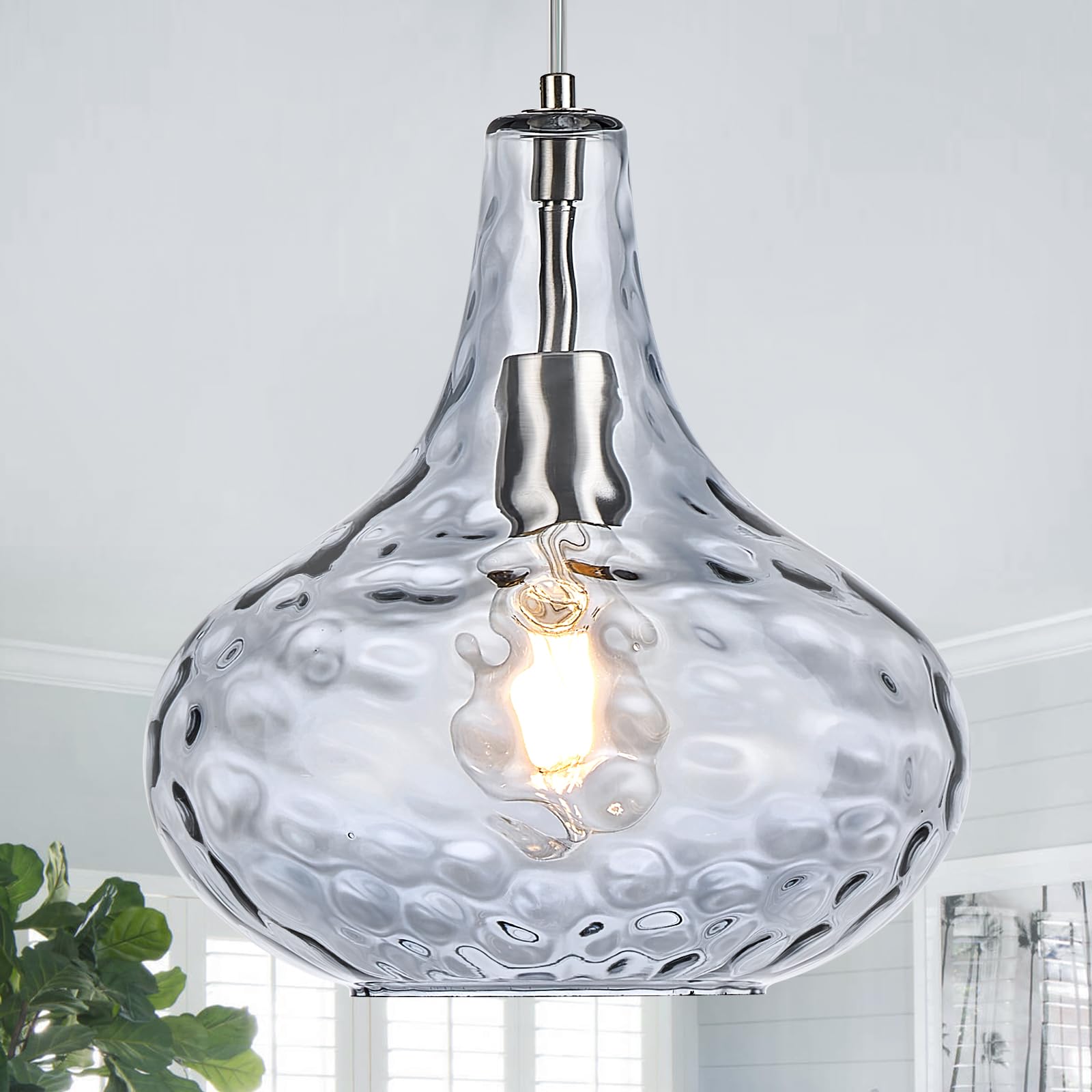 11" smoked hammered glass pendant light - blown glass ceiling fixture with brushed nickel finish, modern industrial lighting for kitchen island, dining room, hallway, living room