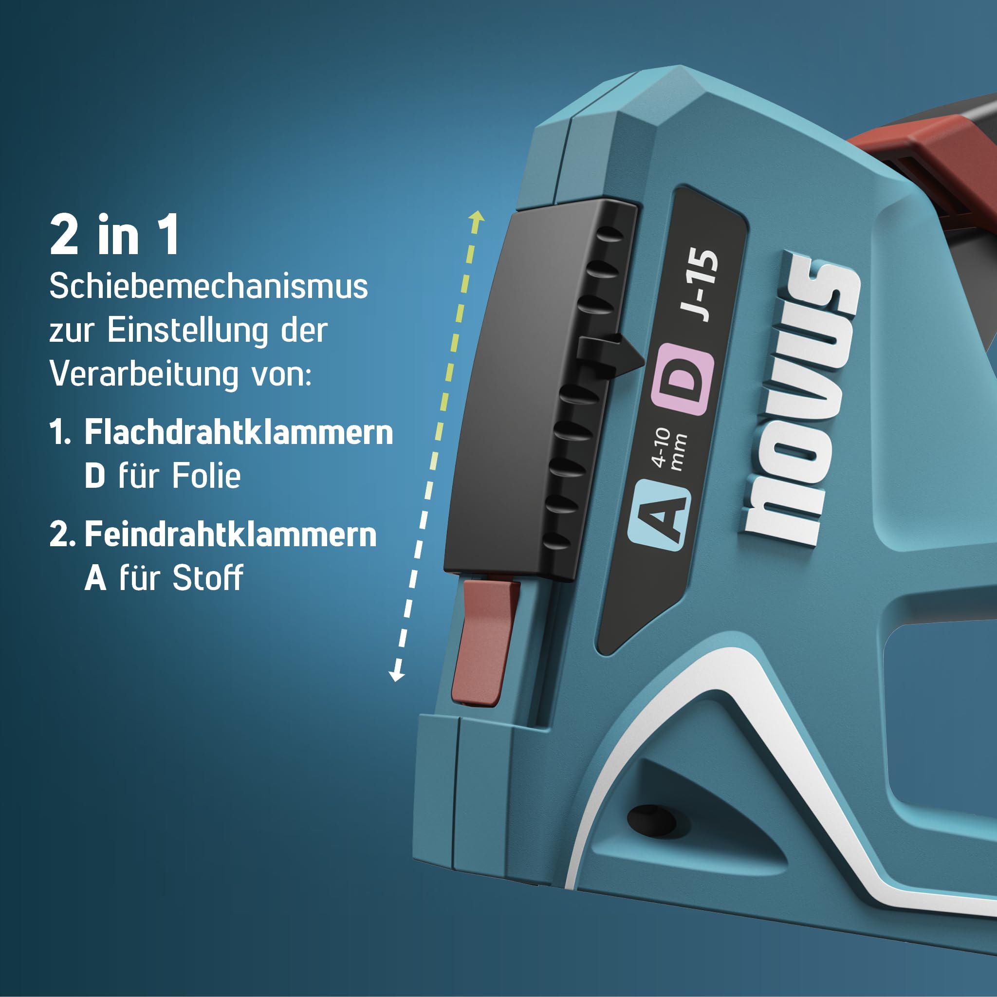 NOVUS TOOLS Handtacker J-15 Set mit 1800 Klammern │ 2-in-1 Tacker für Holz, Stoffe und Folien mit ABS-Kunststoffgehäuse │ Für Feindraht- und Flachdrahtklammern von 4 bis 10 mm