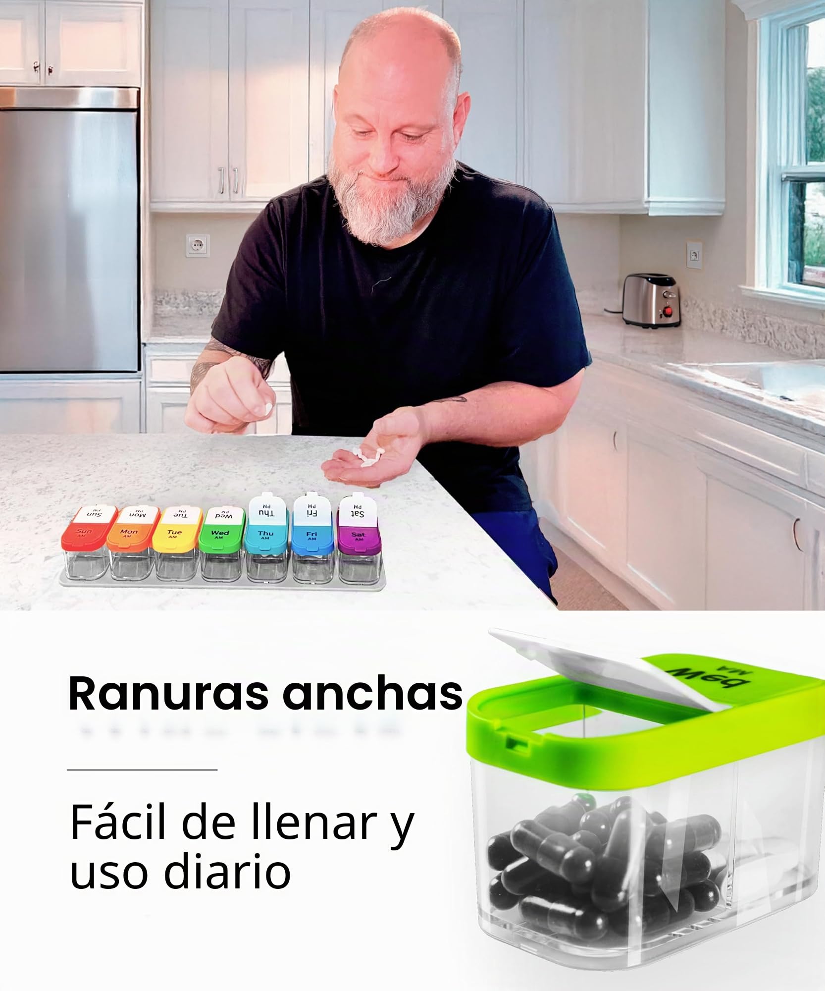 Organizador semanal XL de píldoras, soporte de vitaminas con 7 compartimentos desmontables AM/PM, dispensador portátil para hogar y viajes