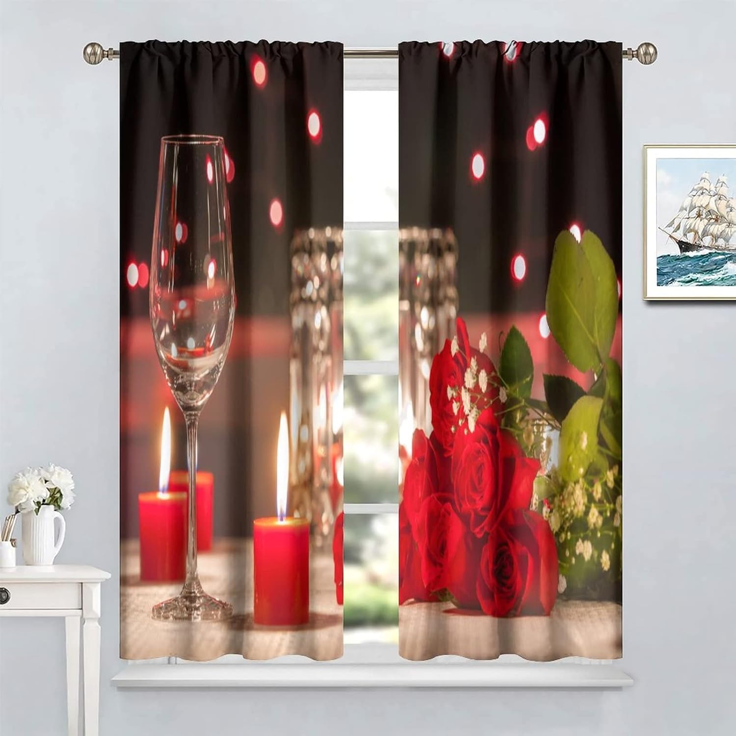 JESTRONRY Red Rose Wine Candlelight Dinner Theme Print Curtains,Wine Glass Red Rose Romantic Fabric Decor Blackout Rod Pocket Window Drapes 2 Panel Set for Living Room Bedroom Kitchen W42xL54in