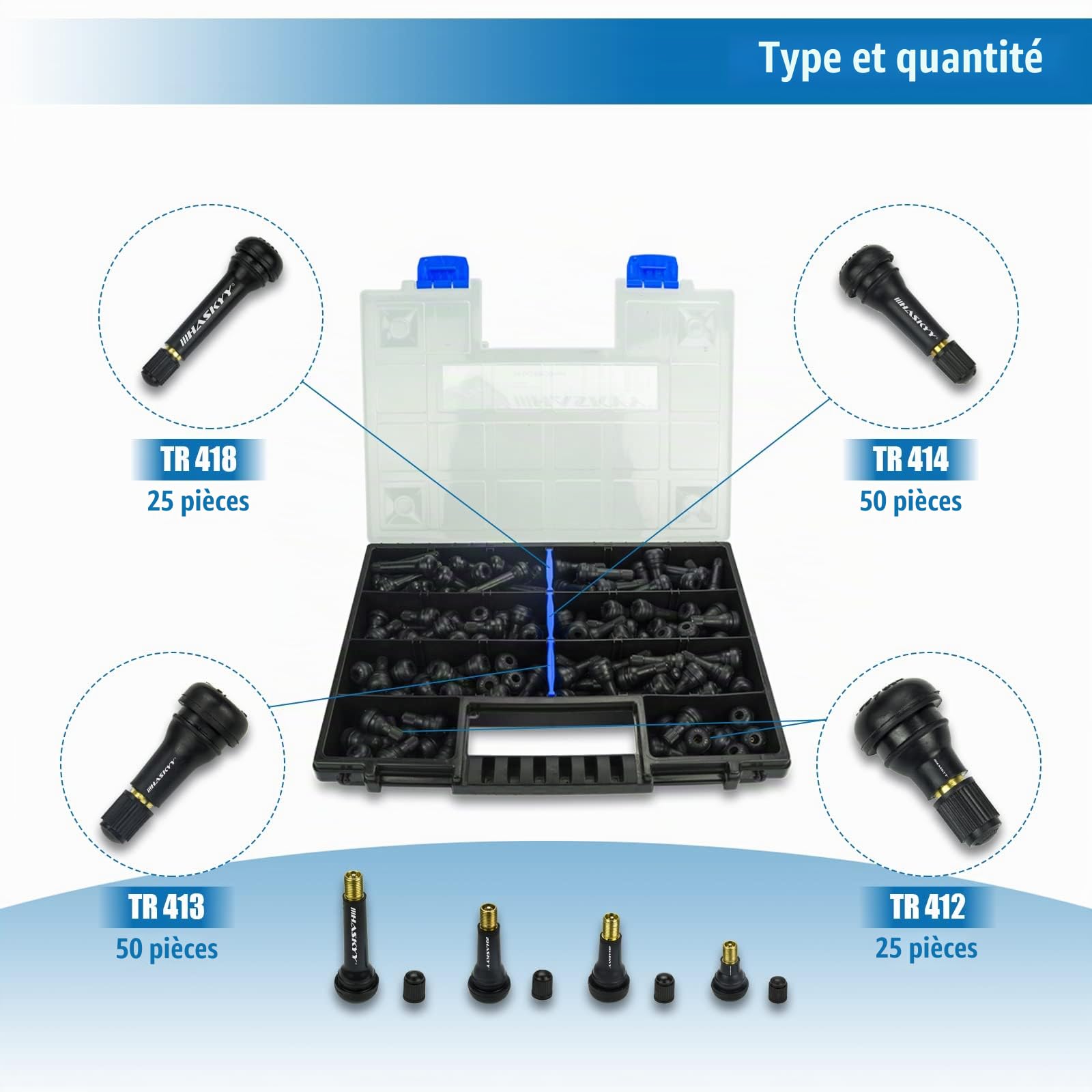 HASKYY150 Kit de Caoutchouc pour Valve Auto 25x TR412, 25x TR413, 50x TR414, 50x TR418 I Valve en Caoutchouc pour Voiture Snap-on I Bouchon de Valve Pneus Capuchons de Valve