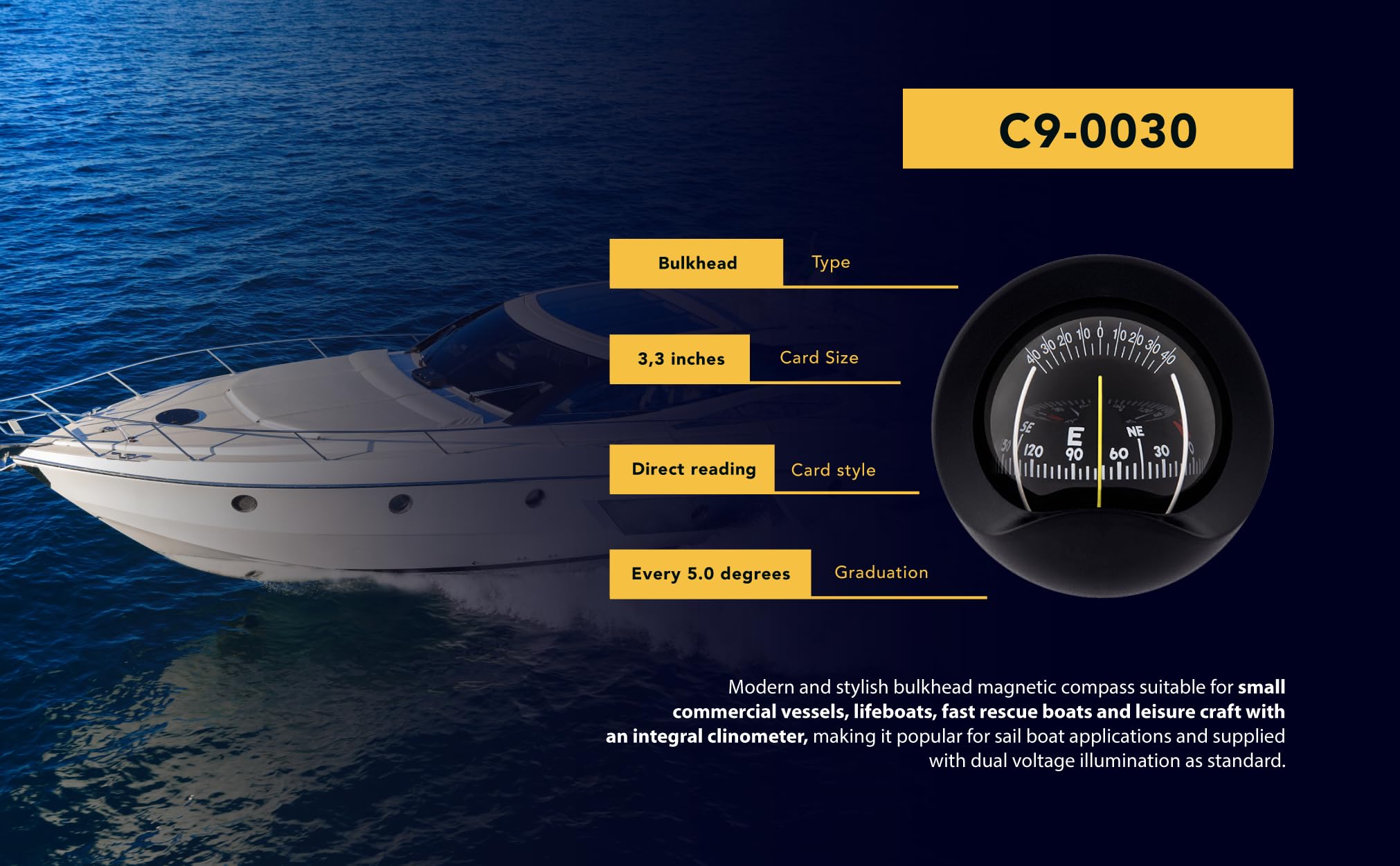 Autonautic - C9-0030 - Bussola a incasso verticale per Barche a Motore, Vela e Imbarcazioni da Diporto - 208mm (La) x 208mm (Lu) x 148.6mm (A)