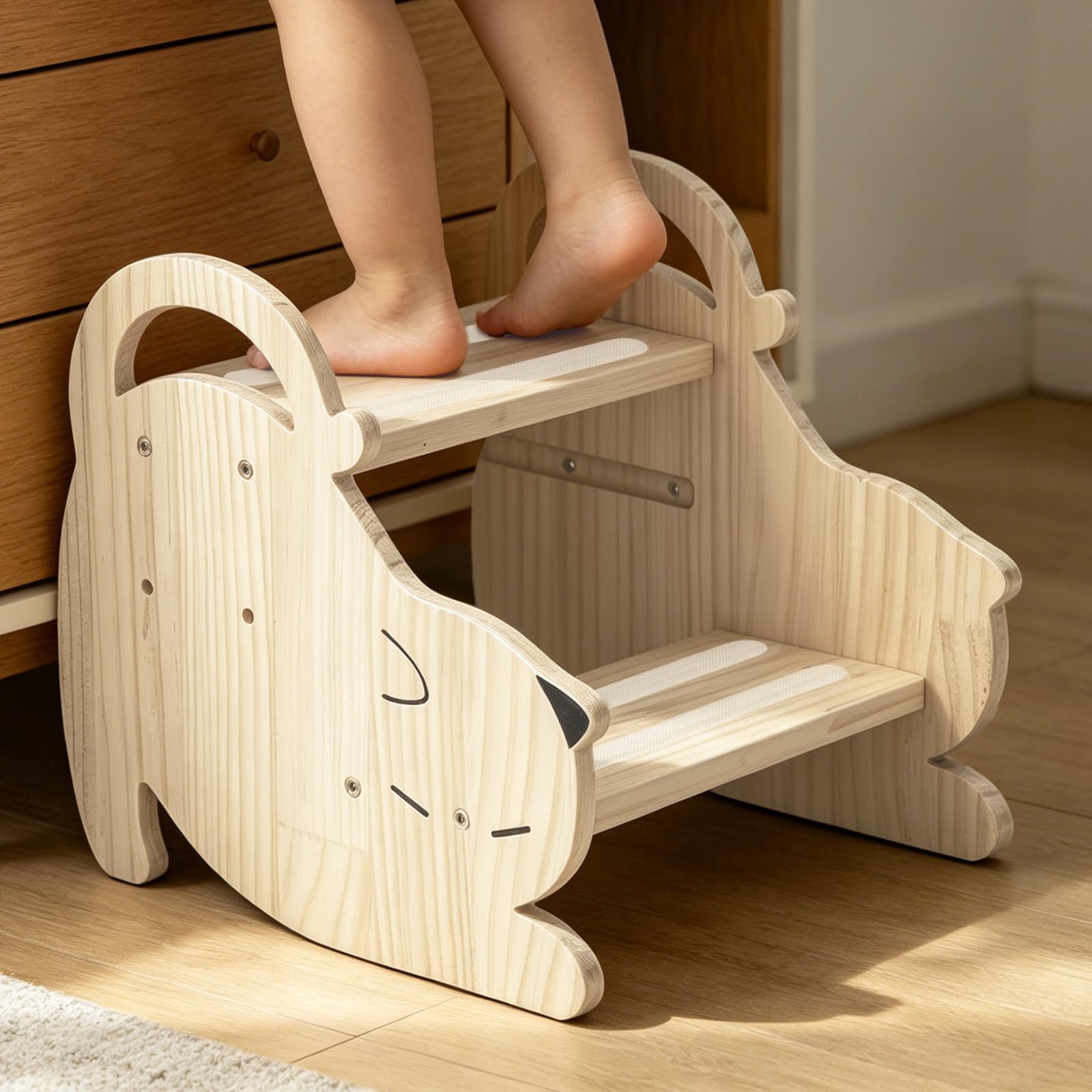 Tritthocker Holz Kinder 2-stufiger, Kinderhocker aus Massivholz für Kinder & Erwachsene – Höhenverstellbar, rutschfest mit Griff, bis 100 kg Belastbar, Fußbank Holz für Bad, Küche, Kinderzimmer