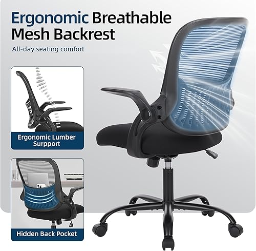 Miniatura 5 de Silla de computadora de escritorio de oficina, sillas ergonómicas giratorias de malla con respaldo medio con ruedas, cómodo soporte lumbar, cómodos