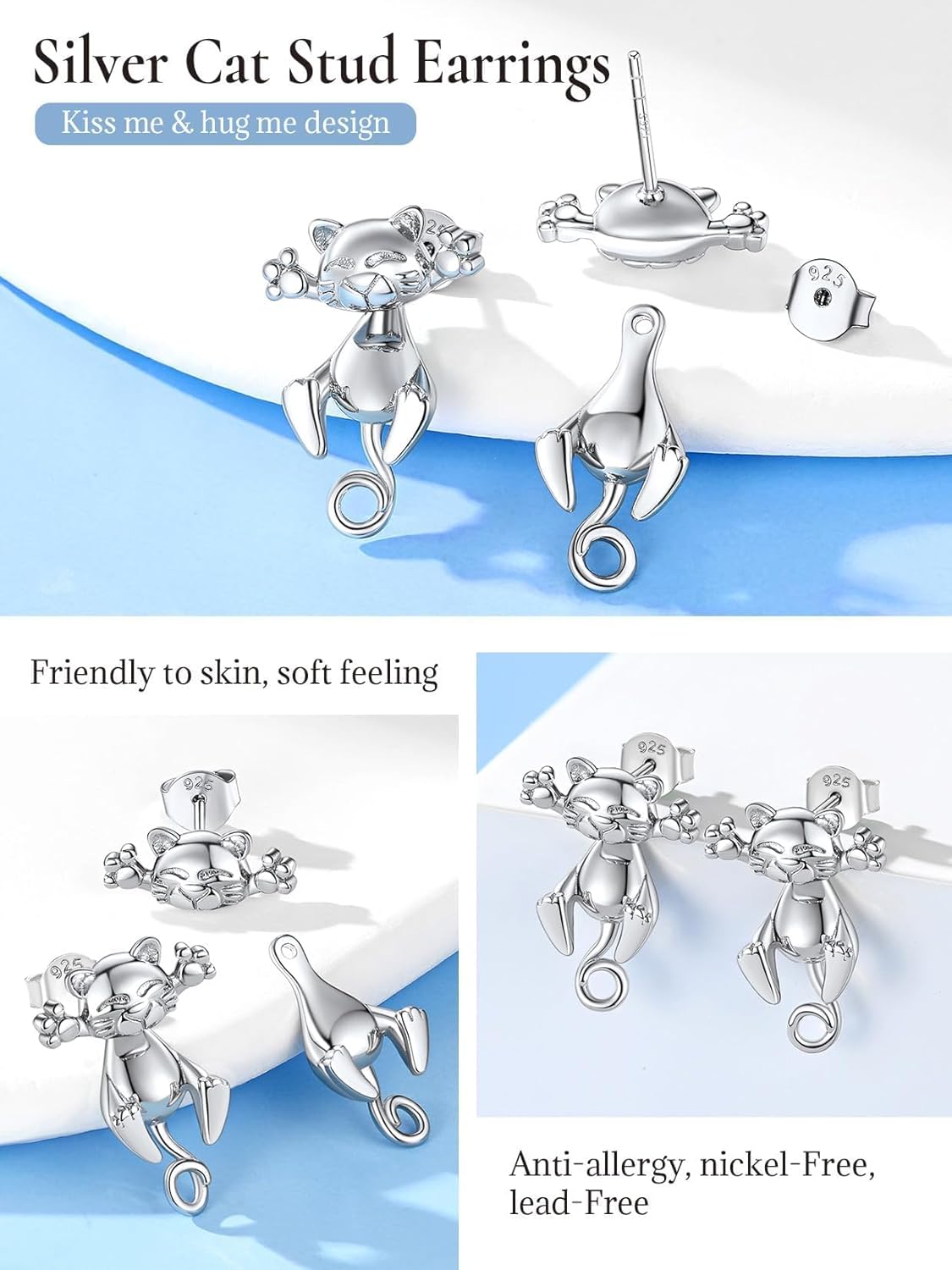 925 Silver Cute Pig/Panda Bear/Dog/Cat Earrings Stud Solid Sterling Jewelry " Kiss me Hug Me" 3D Kitten Earring