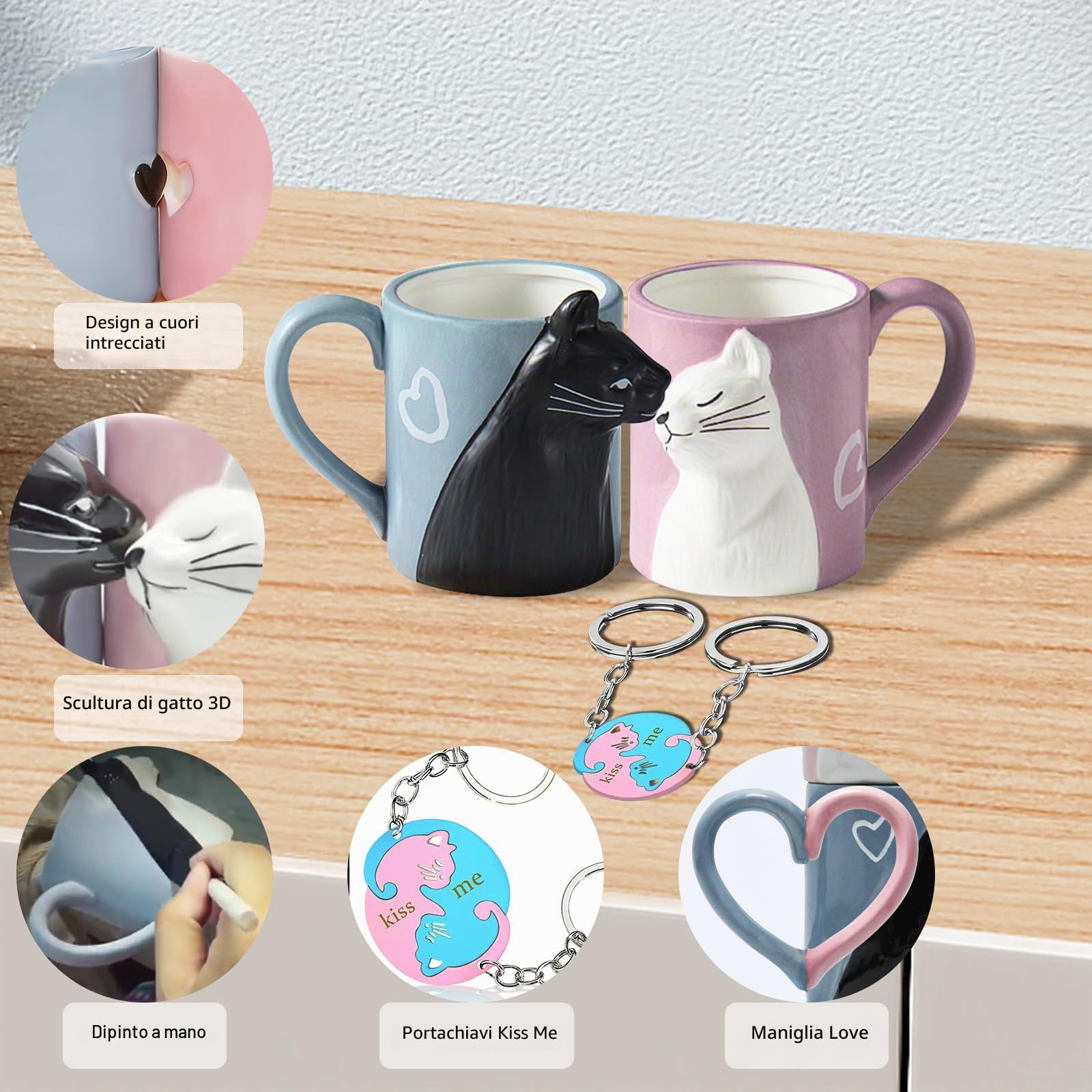 Set tazze da tè divertenti gatti regalo nozze sposi bacio anniversario