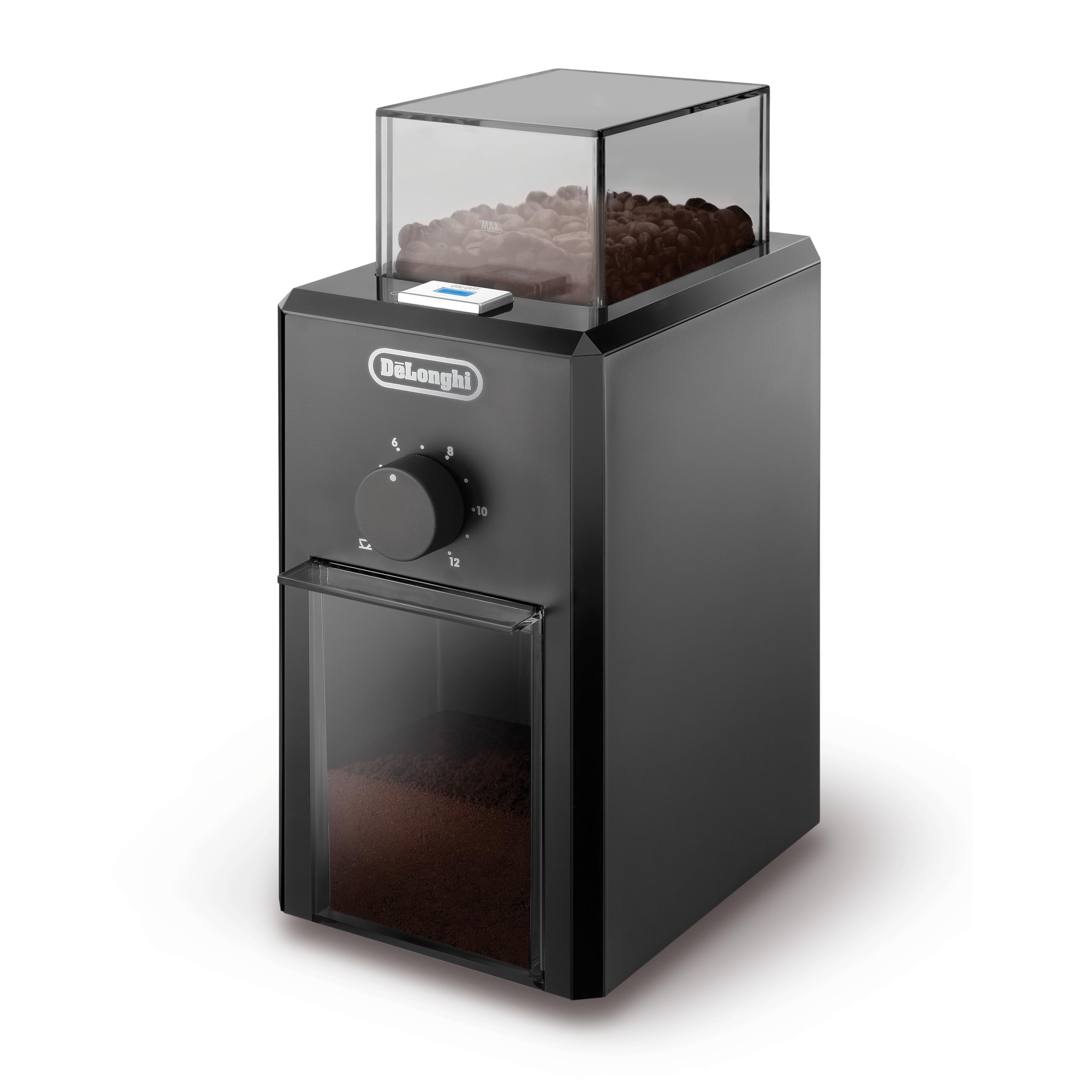 De'LonghiElectric Coffee Grinder, 110W, Burr Grinding System, 12 Settings, Stainless Steel Blade, 12 Cup Capacity, 120g Bean Container, Removable Transparent Lid – KG79, Black