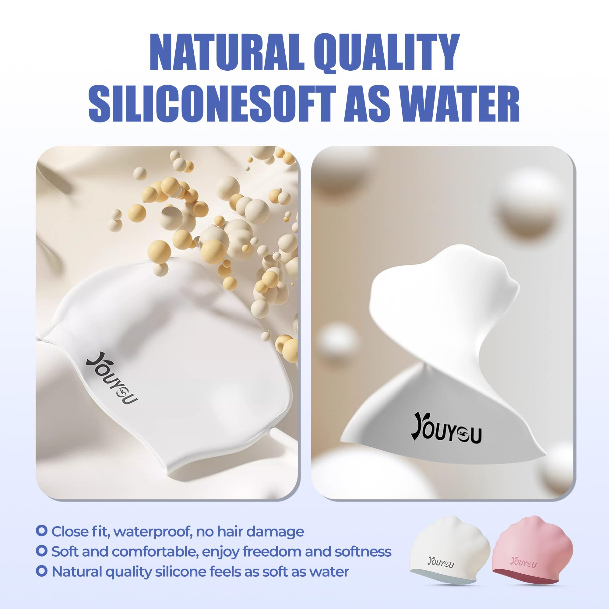 2 Pack Silikon Badekappen für langes Haar, große wasserdichte Bademützen für Frauen, Männer und Erwachsene mit dickem oder lockigem Haar, Bequeme 3D Bademützen - 5