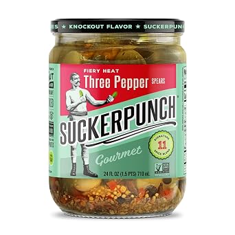 SuckerPunch Bold Burger Dill Pickle Chips, Gluten Free, Kosher, Sugar Free, Low Calorie, Low Carb, Ready to Eat, Non GMO, Keto Friendly, Gourmet Pickles, Sliced Dill Pickles, Vegan, 24 Oz Jar 3 Pepper Fire
