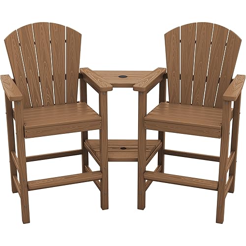 SERWALL Tall Adirondack Chairs Set of 2 with Double Layer Connecting Tray, HDPE Bar Height Outdoor Chairs, Wood-Like Adirondack Bar Stools for Patio, Balcony, Porch, Brown