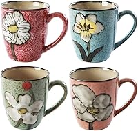 ROCKGOLDBUG 12oz Porcelain Cappuccino Mugs Set of 4 Colors (Red Blue Green Pink) - Fade-Proof Underglaze, Microwave Dishwasher Safe