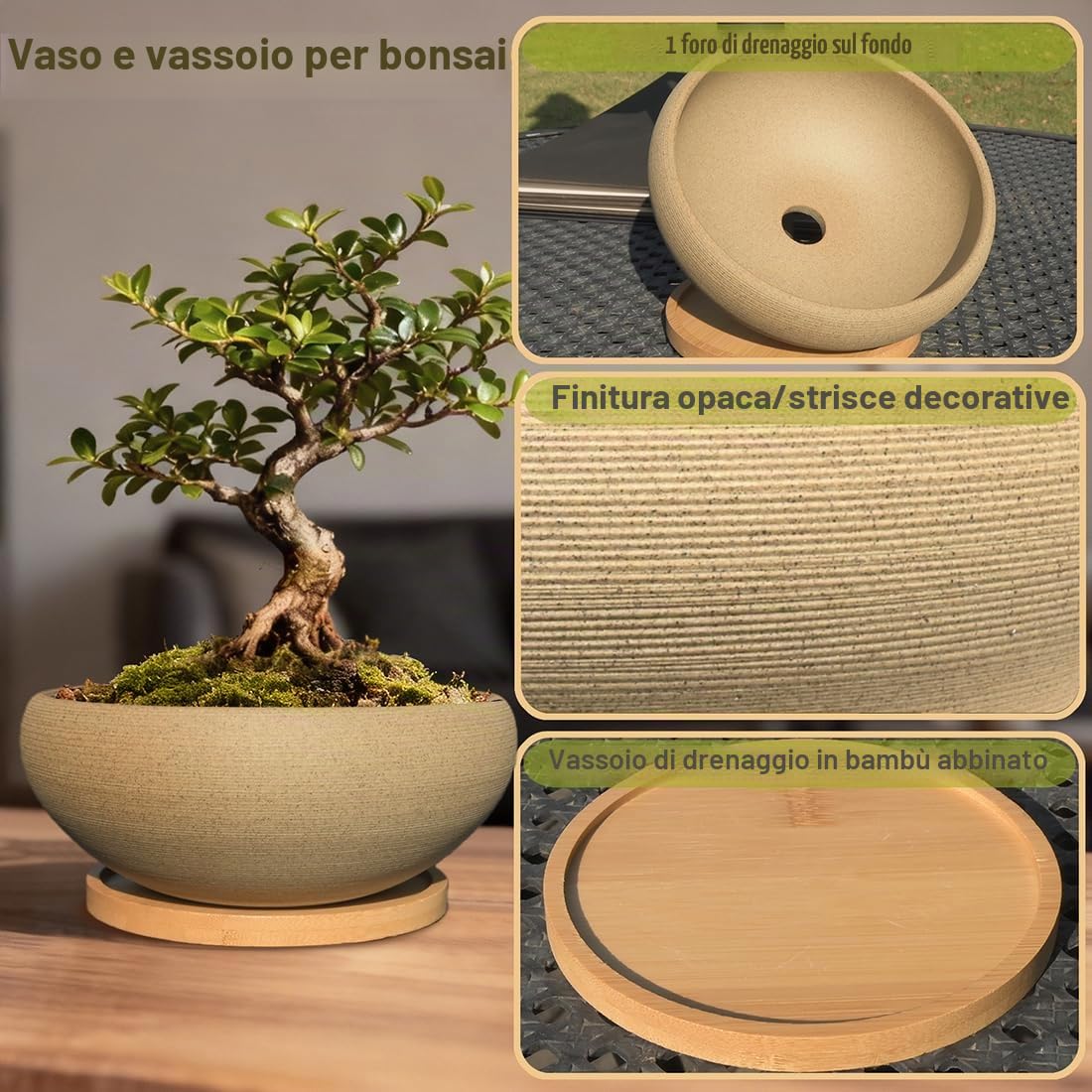MUZHI Vaso rotondo per bonsai in ceramica non smaltata, con vassoio in bambù, grande vaso per piante grasse in ceramica grezza con foro di drenaggio, 20,3 cm