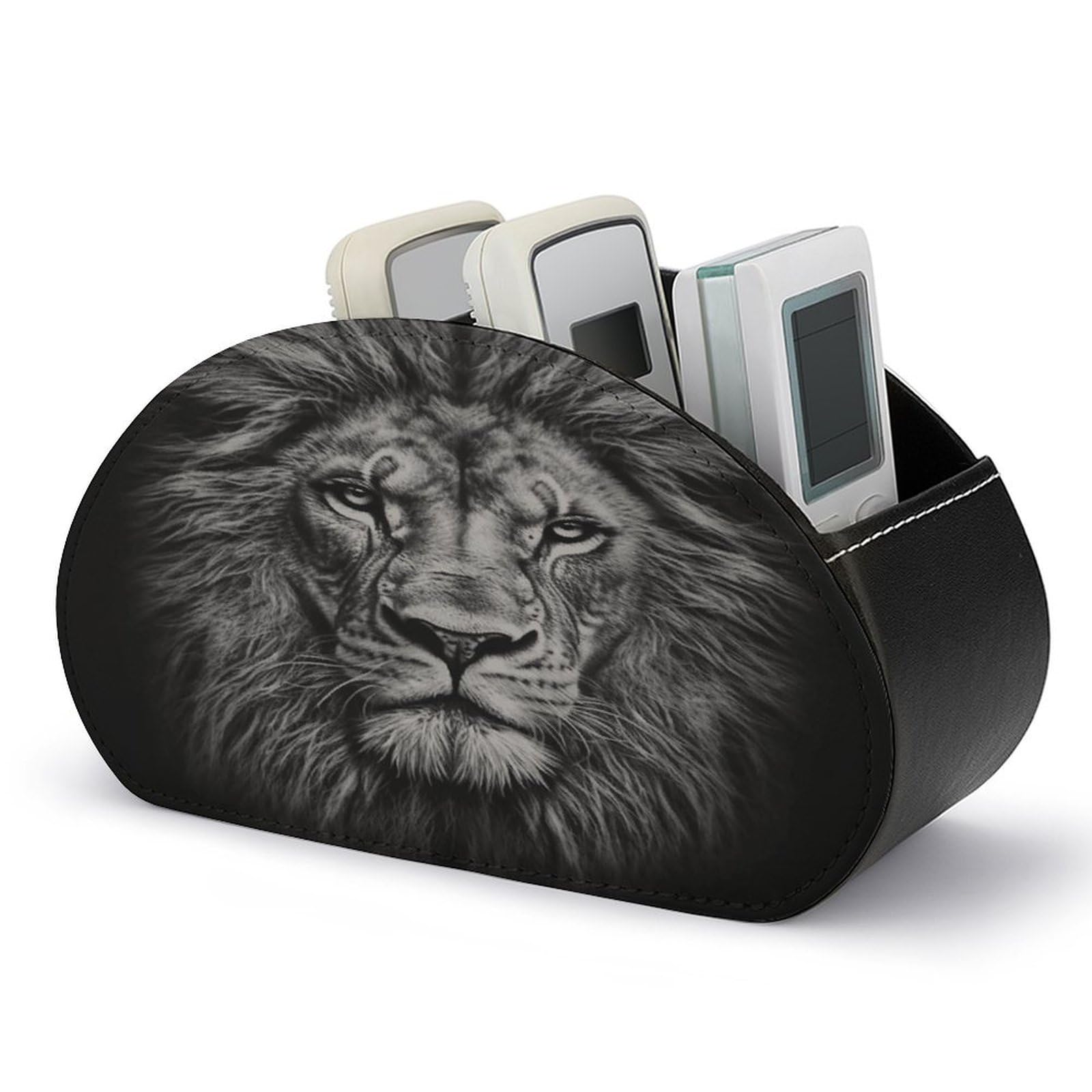 VstaDank Black And White Lion Head Remote Control Holder with 5 Compartments PU Leather TV Remoter Caddy Desktop Organizer TV Remote Holder Remote Box for Media Controllers Office Supplies