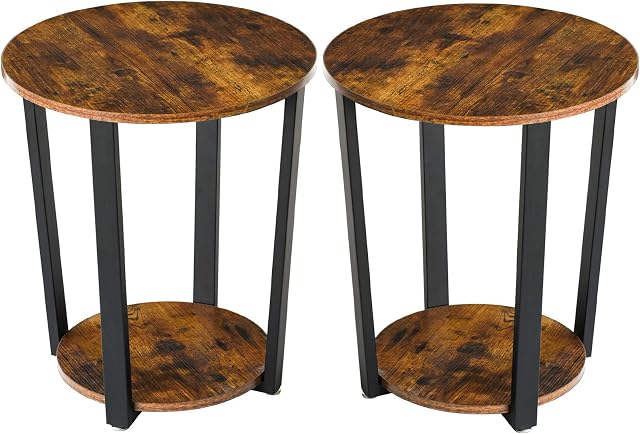YMYNY Industrial Side Table, Set of 2 Round End Table with Storage Shelves, Sofa Table with Metal Frame, Easy Assembly, for Living Room Bedroom, Rustic Brown HTMJ020H-2
