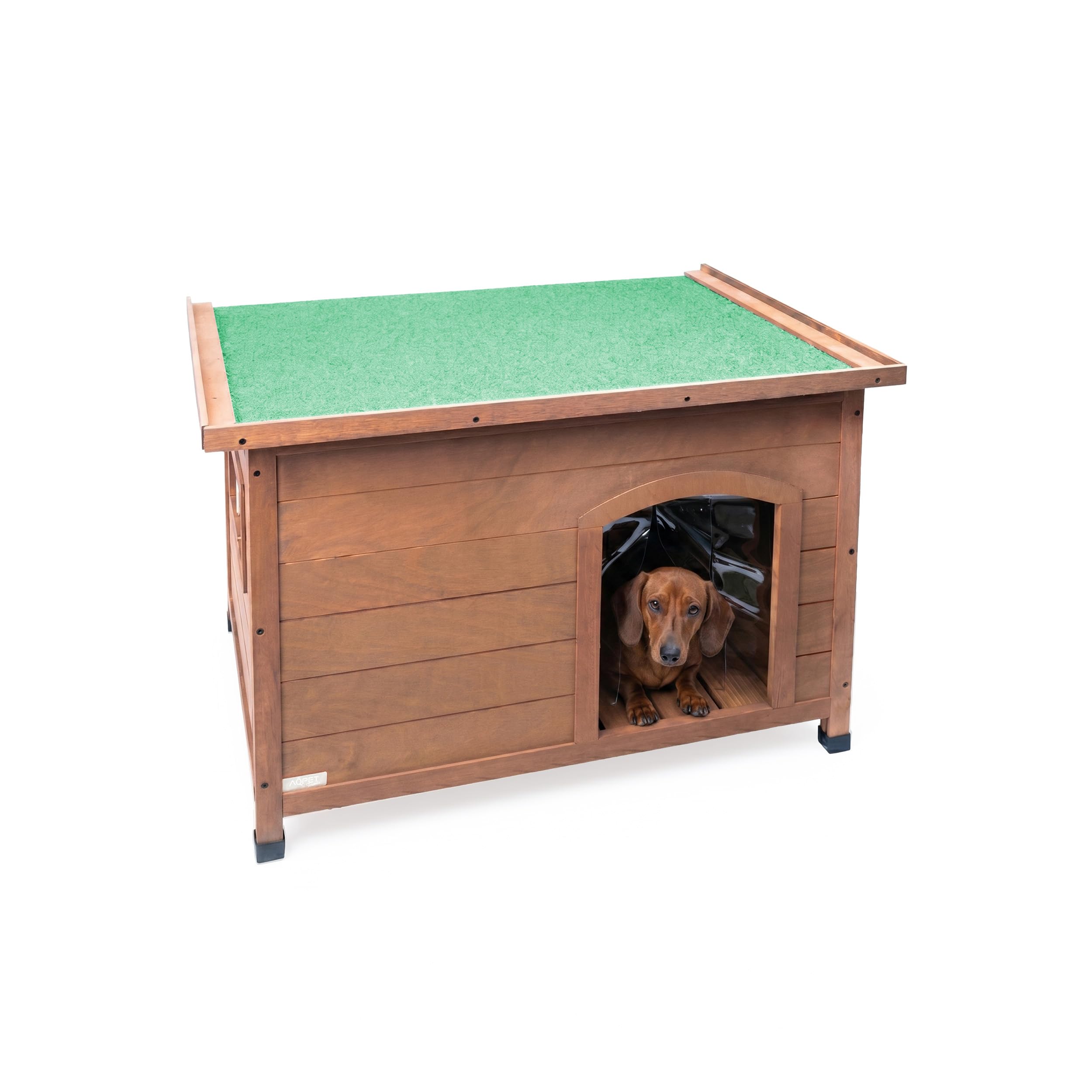 Aqpet Friends - Caseta de Madera de Exterior para Perros con Techo abatible y Cortinas térmicas Incluidas, tamaño pequeño, 85 x 60 x 58 cm