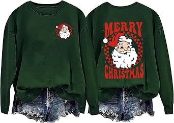 Merry Christmas Santa Sweatshirt for Women Lightweight Holiday Pullover, Casual Festive Winter Top