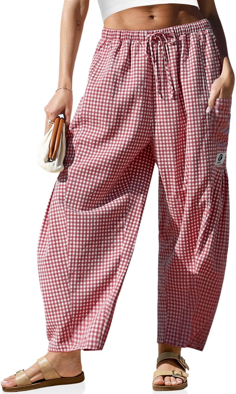 TARSE Womens Linen Wide Leg Striped Pants Casual Barrel Loose Drawstring Low Waist Palazzo Harem Pants with Pockets